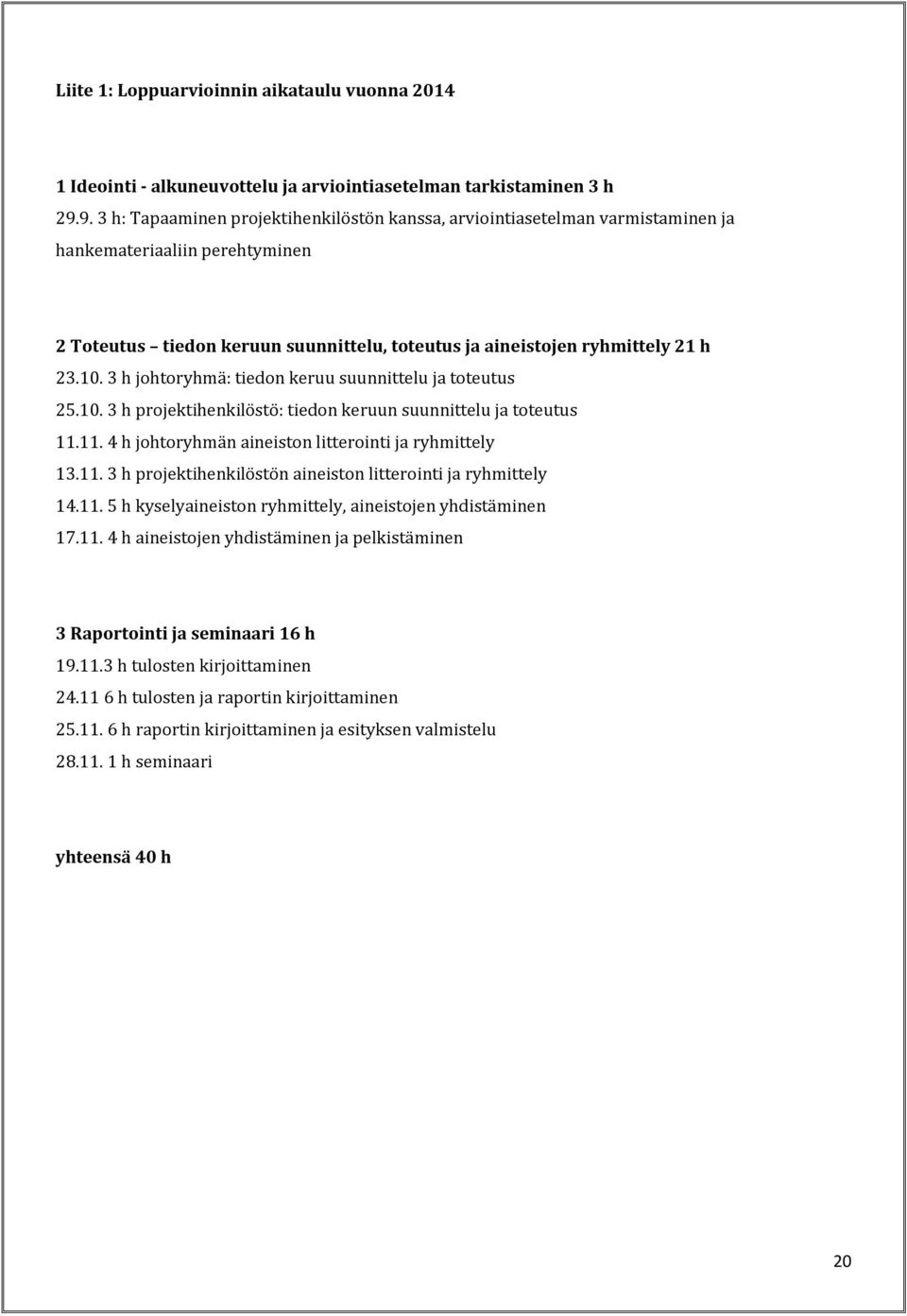 3 h johtoryhmä: tiedon keruu suunnittelu ja toteutus 25.10. 3 h projektihenkilöstö: tiedon keruun suunnittelu ja toteutus 11.11. 4 h johtoryhmän aineiston litterointi ja ryhmittely 13.11. 3 h projektihenkilöstön aineiston litterointi ja ryhmittely 14.