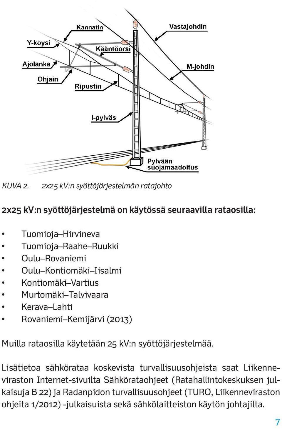 Iisalmi Kontiomäki Vartius Murtomäki Talvivaara Kerava Lahti Rovaniemi Kemijärvi (2013) Muilla rataosilla käytetään 25 kv:n syöttöjärjestelmää.