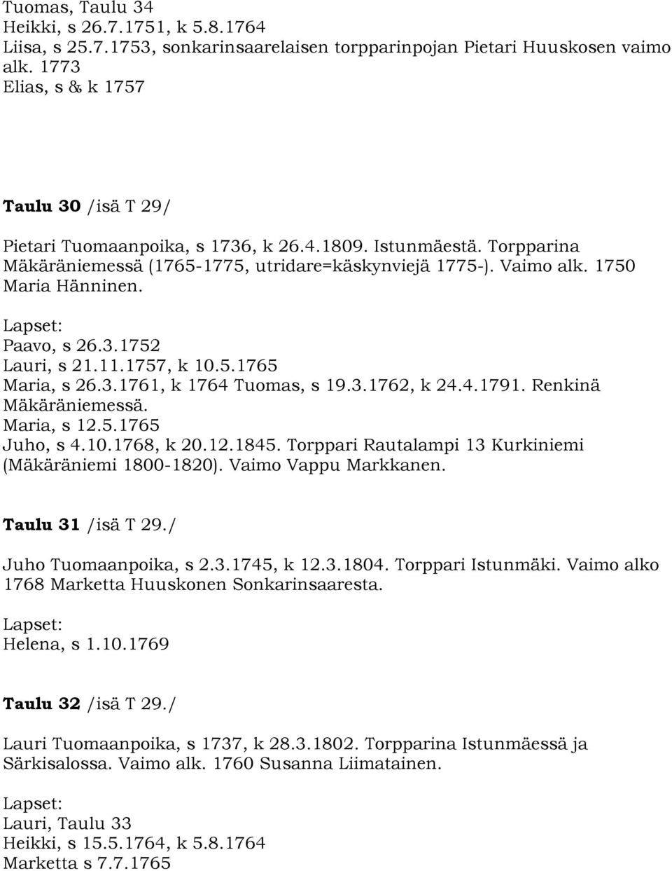 Paavo, s 26.3.1752 Lauri, s 21.11.1757, k 10.5.1765 Maria, s 26.3.1761, k 1764 Tuomas, s 19.3.1762, k 24.4.1791. Renkinä Mäkäräniemessä. Maria, s 12.5.1765 Juho, s 4.10.1768, k 20.12.1845.