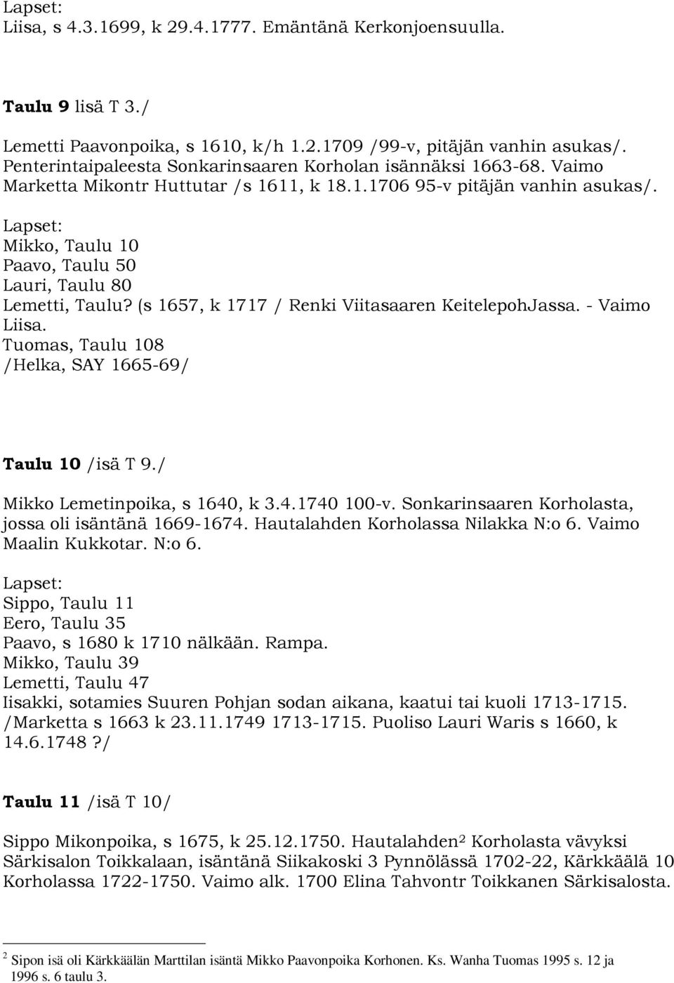 Mikko, Taulu 10 Paavo, Taulu 50 Lauri, Taulu 80 Lemetti, Taulu? (s 1657, k 1717 / Renki Viitasaaren KeitelepohJassa. - Vaimo Liisa. Tuomas, Taulu 108 /Helka, SAY 1665-69/ Taulu 10 /isä T 9.