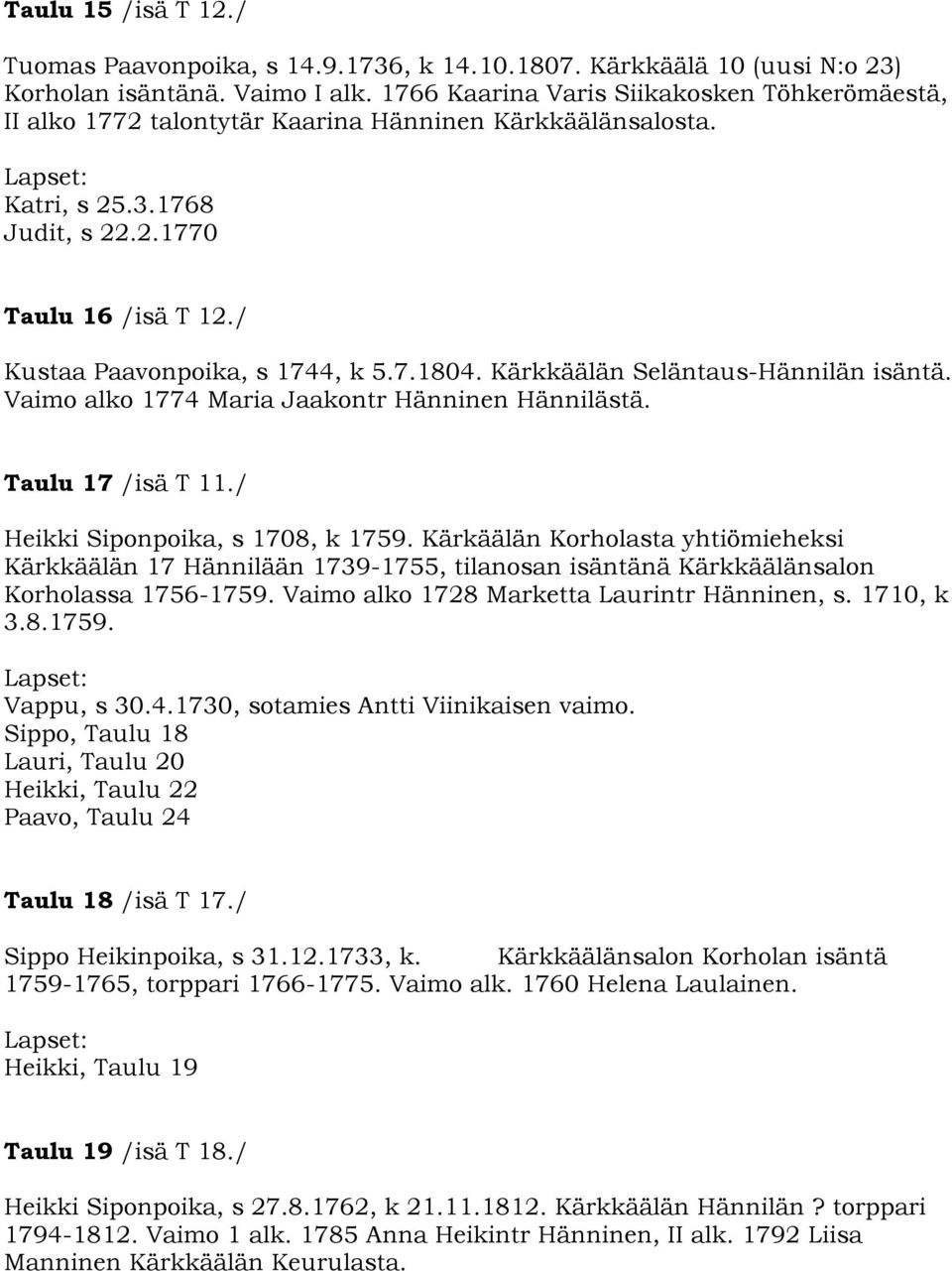 Kärkkäälän Seläntaus-Hännilän isäntä. Vaimo alko 1774 Maria Jaakontr Hänninen Hännilästä. Taulu 17 /isä T 11./ Heikki Siponpoika, s 1708, k 1759.