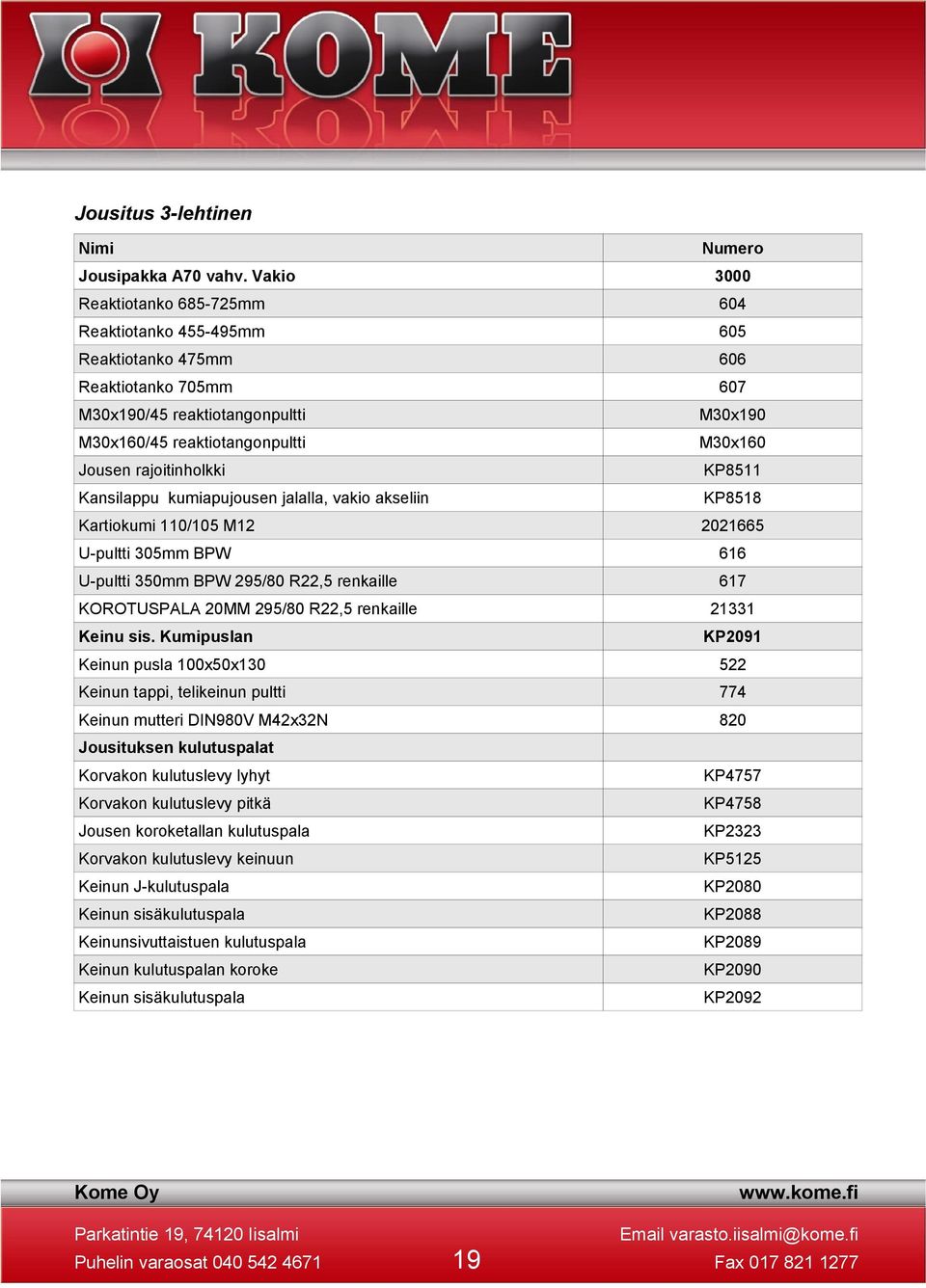 rajoitinholkki KP8511 Kansilappu kumiapujousen jalalla, vakio akseliin KP8518 Kartiokumi 110/105 M12 2021665 U-pultti 305mm BPW 616 U-pultti 350mm BPW 295/80 R22,5 renkaille 617 KOROTUSPALA 20MM