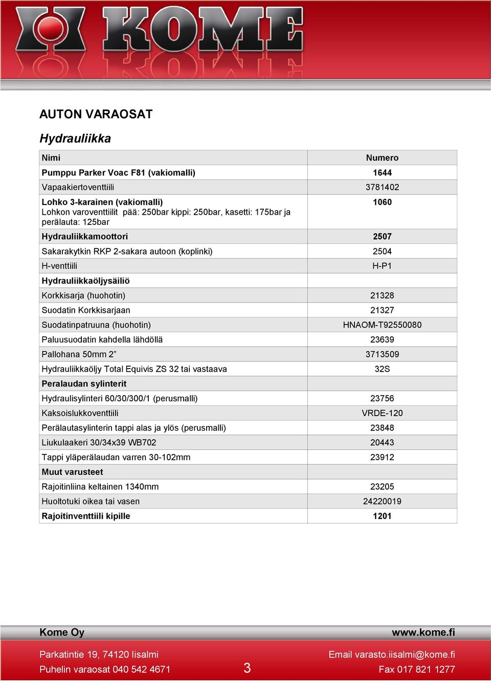 Suodatinpatruuna (huohotin) HNAOM-T92550080 Paluusuodatin kahdella lähdöllä 23639 Pallohana 50mm 2 3713509 Hydrauliikkaöljy Total Equivis ZS 32 tai vastaava 32S Peralaudan sylinterit