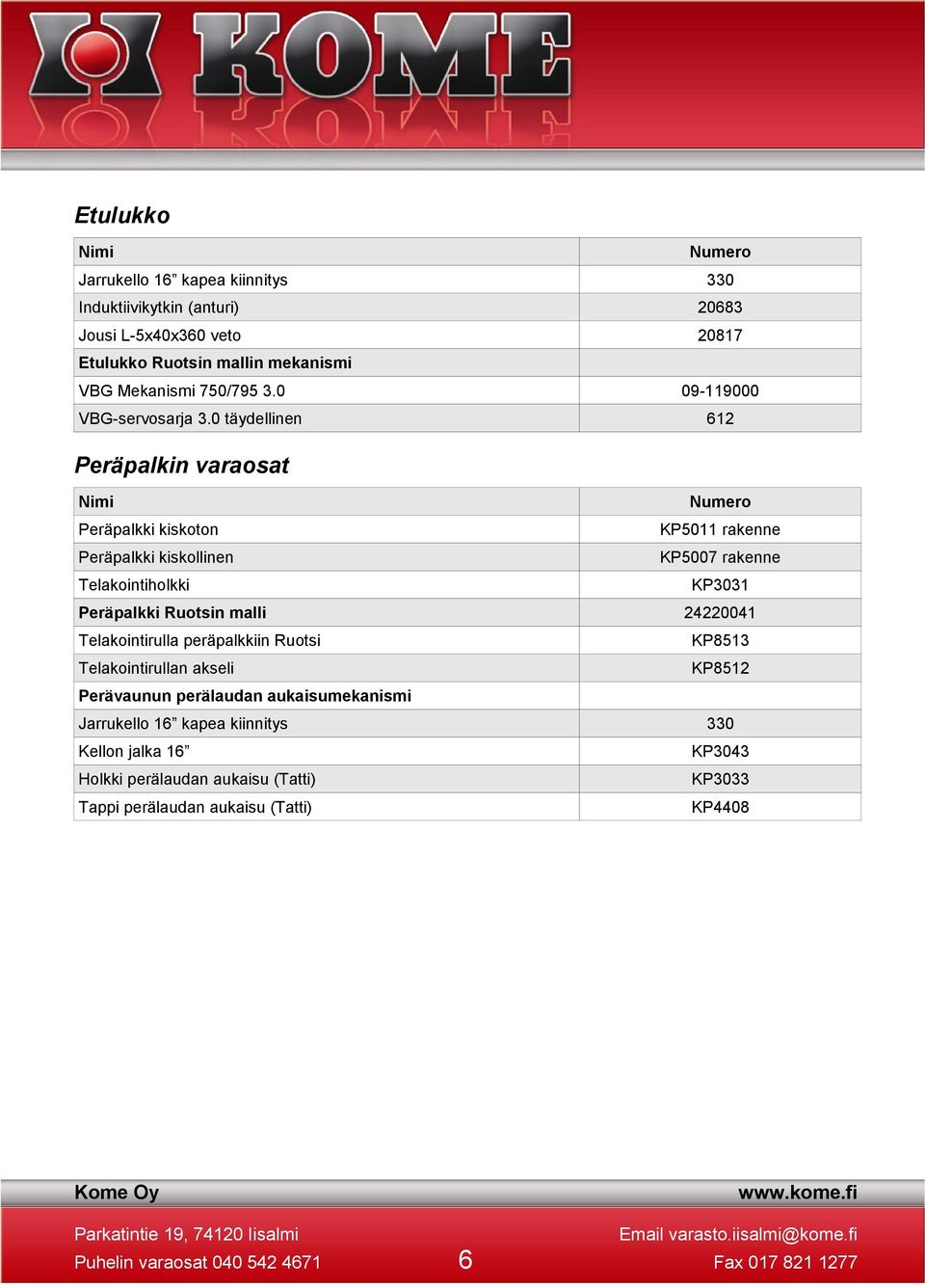 0 täydellinen 612 Peräpalkin varaosat Peräpalkki kiskoton KP5011 rakenne Peräpalkki kiskollinen KP5007 rakenne Telakointiholkki KP3031 Peräpalkki