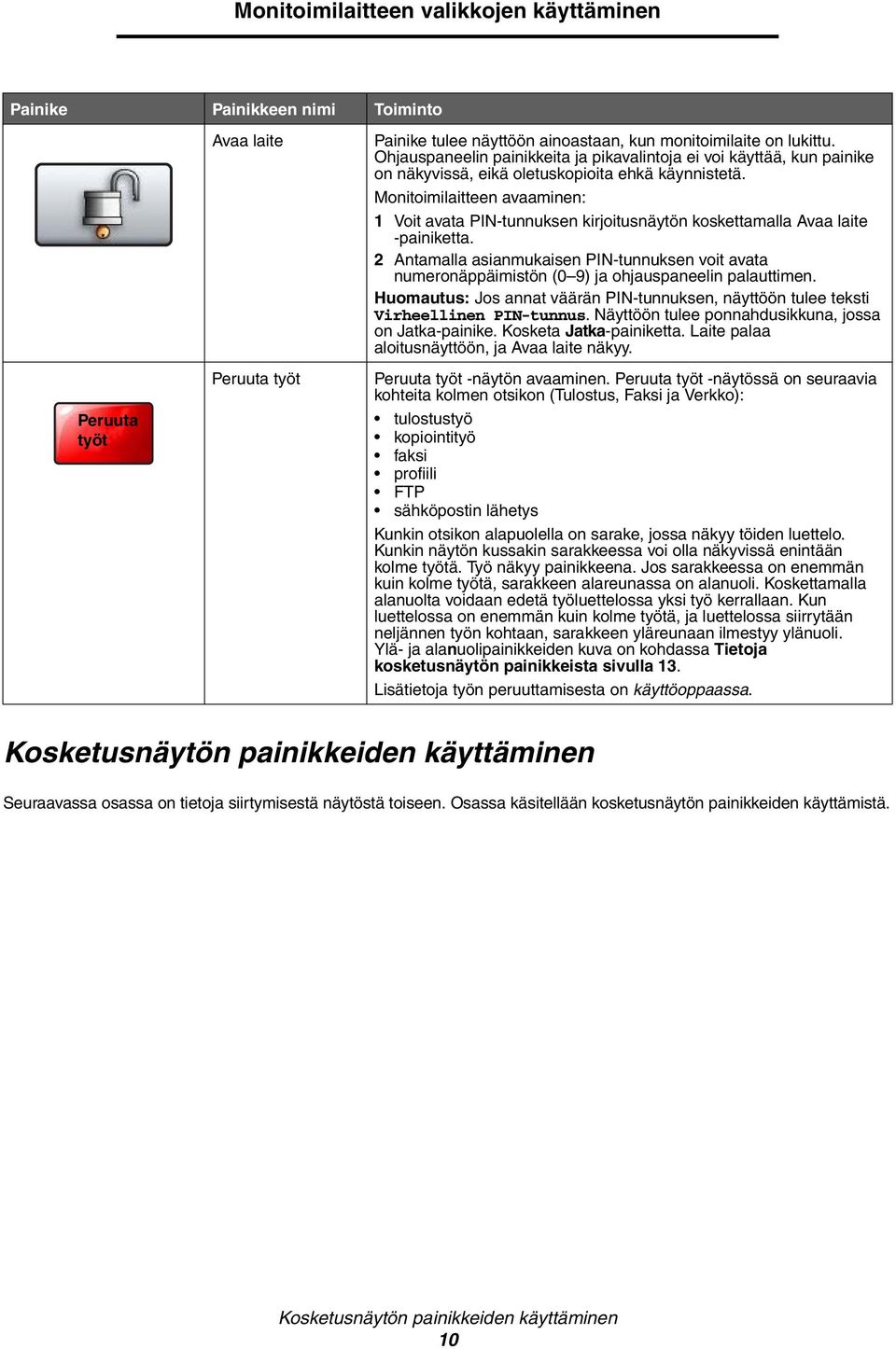 Monitoimilaitteen avaaminen: 1 Voit avata PIN-tunnuksen kirjoitusnäytön koskettamalla Avaa laite -painiketta.