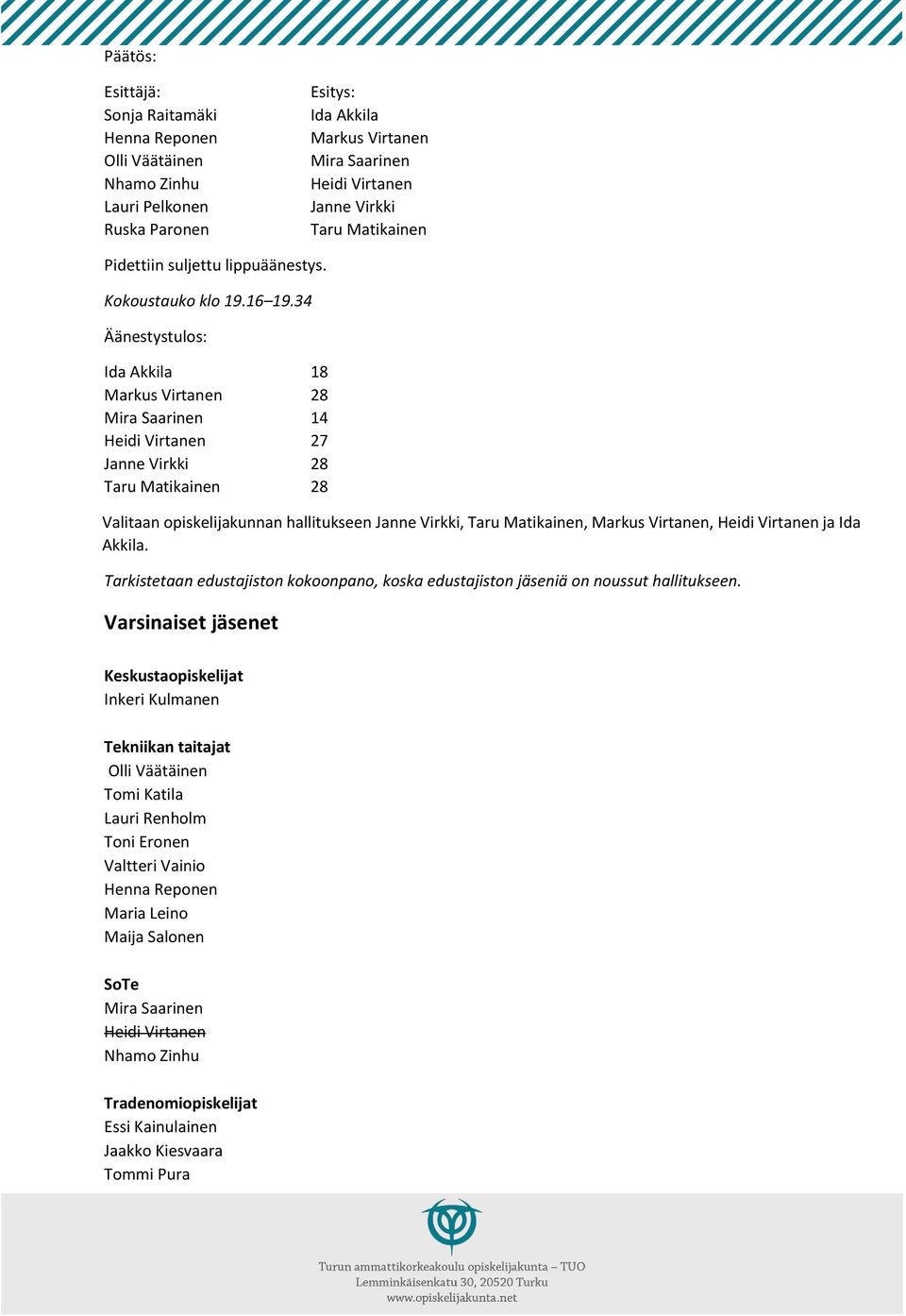 34 Äänestystulos: Ida Akkila 18 Markus Virtanen 28 Mira Saarinen 14 Heidi Virtanen 27 Janne Virkki 28 Taru Matikainen 28 Valitaan opiskelijakunnan hallitukseen Janne Virkki, Taru Matikainen, Markus