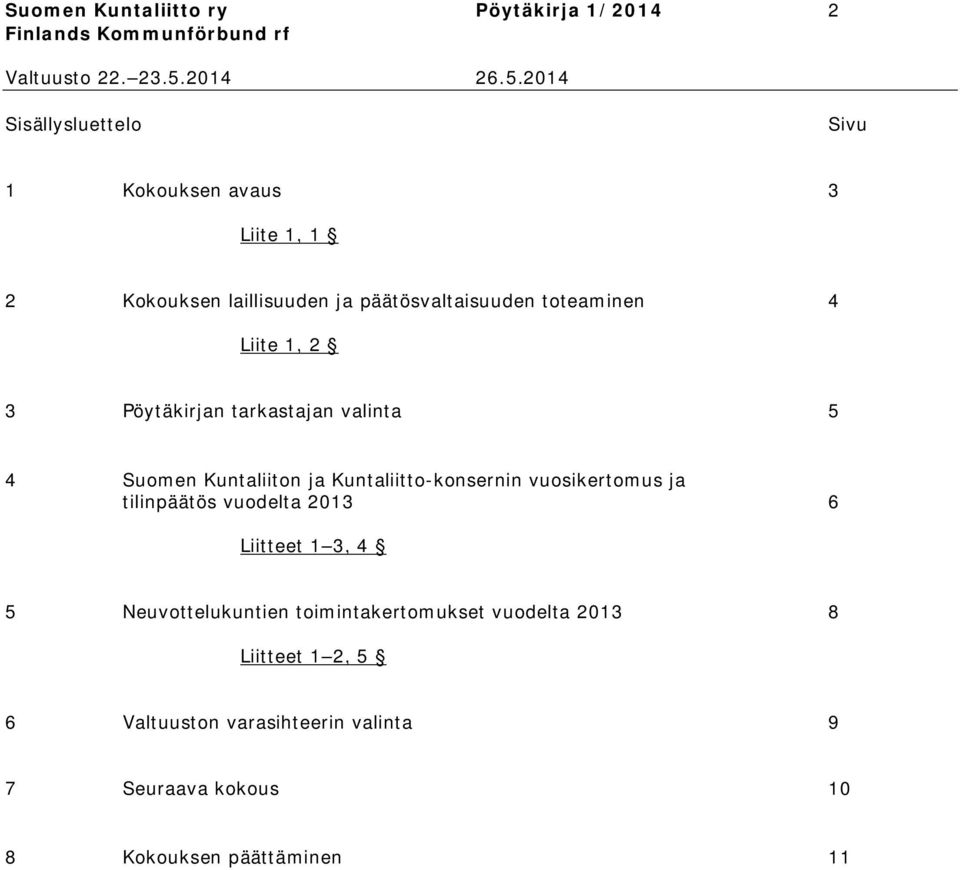 ja Kuntaliitto-konsernin vuosikertomus ja tilinpäätös vuodelta 2013 6 Liitteet 1 3, 4 5 Neuvottelukuntien