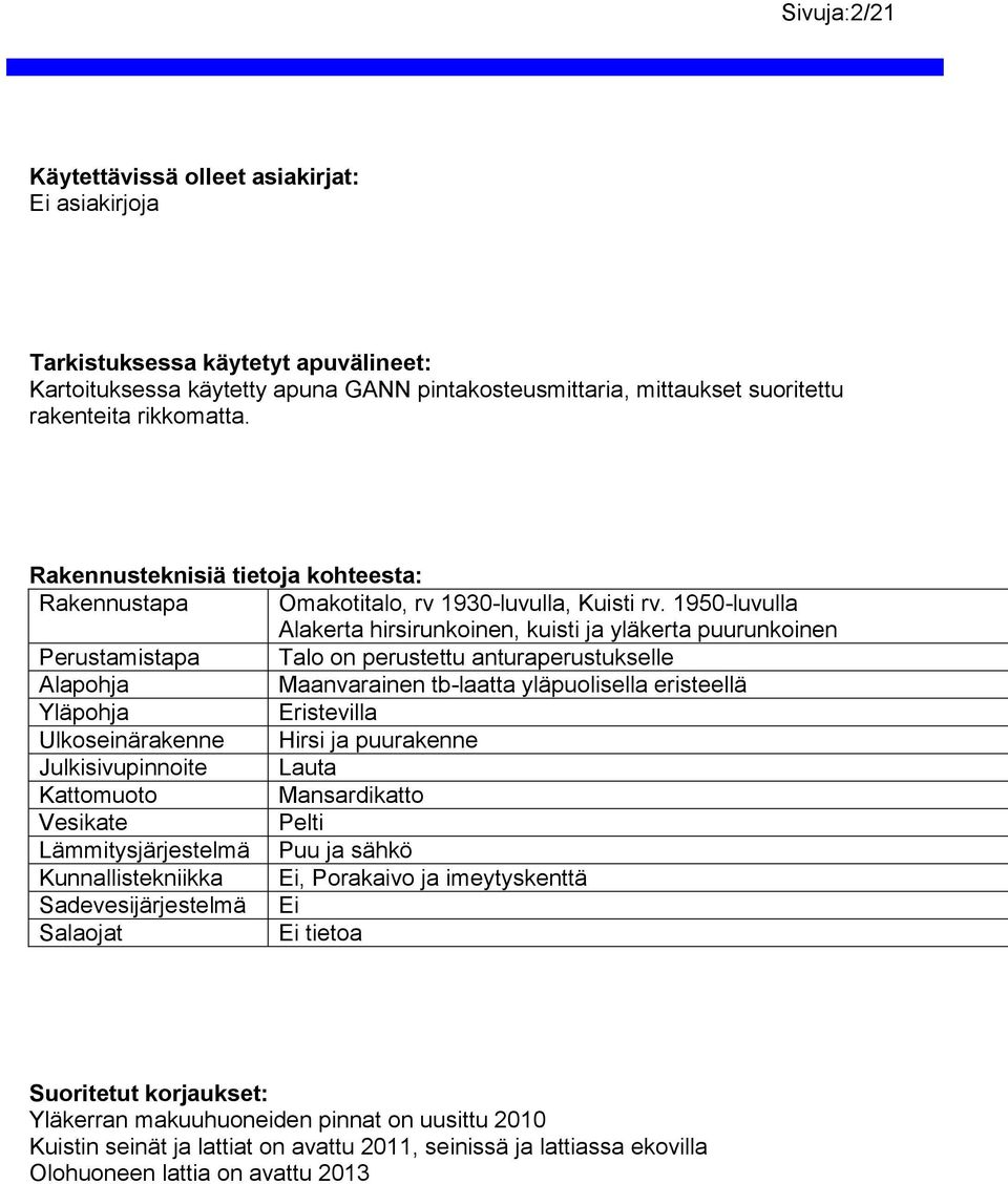 1950-luvulla Alakerta hirsirunkoinen, kuisti ja yläkerta puurunkoinen Perustamistapa Talo on perustettu anturaperustukselle Alapohja Maanvarainen tb-laatta yläpuolisella eristeellä Yläpohja