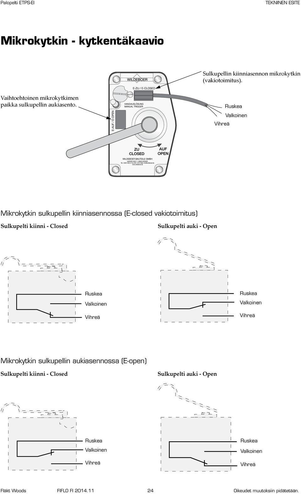 Vihreä Ruskea Valkoinen Mikrokytkin sulkupellin kiinniasennossa (E-closed vakiotoimitus) Sulkupelti kiinni - Closed Sulkupelti auki -