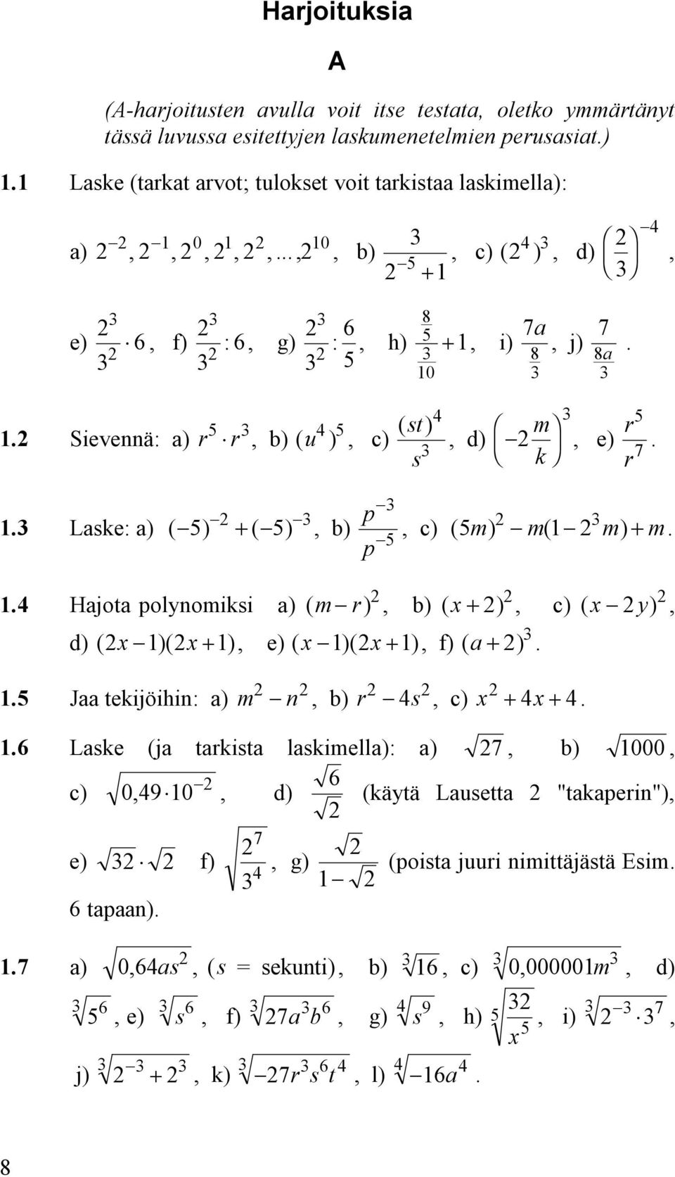 m ( m ) + m 4 Hajota polynomiksi a) ( m r), b) ( x+ ), c) ( x y) d) ( x )( x+ ), e) ( x )( x+ ), f) ( a+) 5 Jaa tekijöihin: a) m n, b) r 4s, c) x + 4x+ 4 6 Laske (ja tarkista laskimella): a) 7, b)