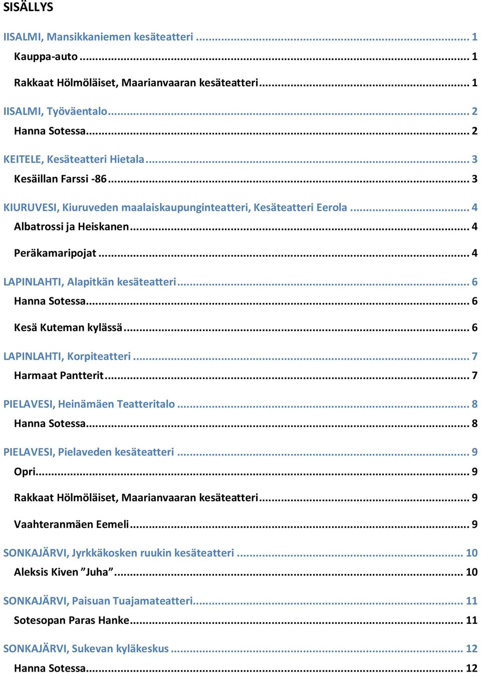 .. 6 Hanna Sotessa... 6 Kesä Kuteman kylässä... 6 LAPINLAHTI, Korpiteatteri... 7 Harmaat Pantterit... 7 PIELAVESI, Heinämäen Teatteritalo... 8 Hanna Sotessa... 8 PIELAVESI, Pielaveden kesäteatteri.