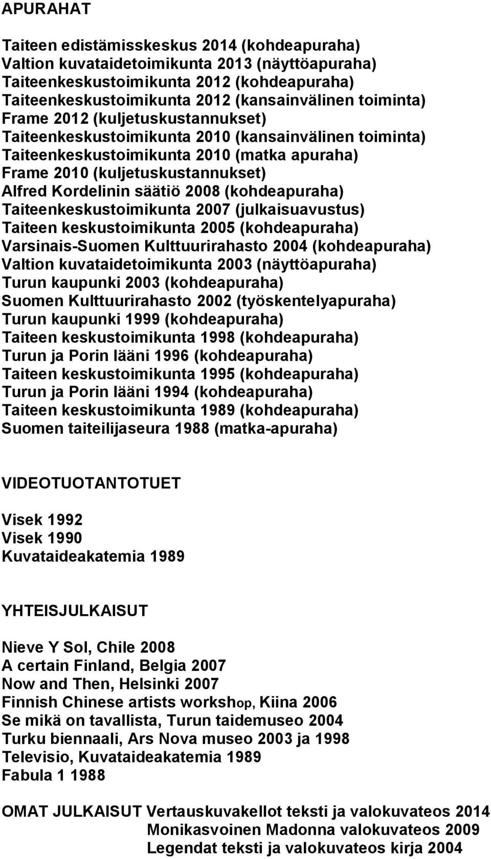 säätiö 2008 (kohdeapuraha) Taiteenkeskustoimikunta 2007 (julkaisuavustus) Taiteen keskustoimikunta 2005 (kohdeapuraha) Varsinais-Suomen Kulttuurirahasto 2004 (kohdeapuraha) Valtion