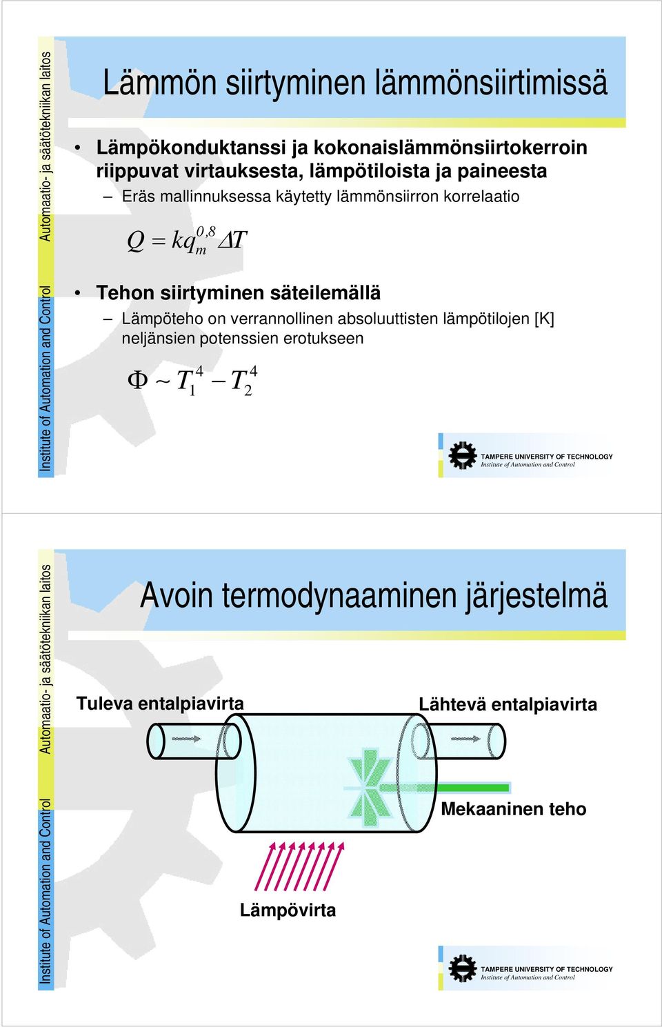 siirtyminen säteilemällä Lämpöteho on verrannollinen absoluuttisten lämpötilojen [K] neljänsien potenssien erotukseen Φ T T 4 4 1