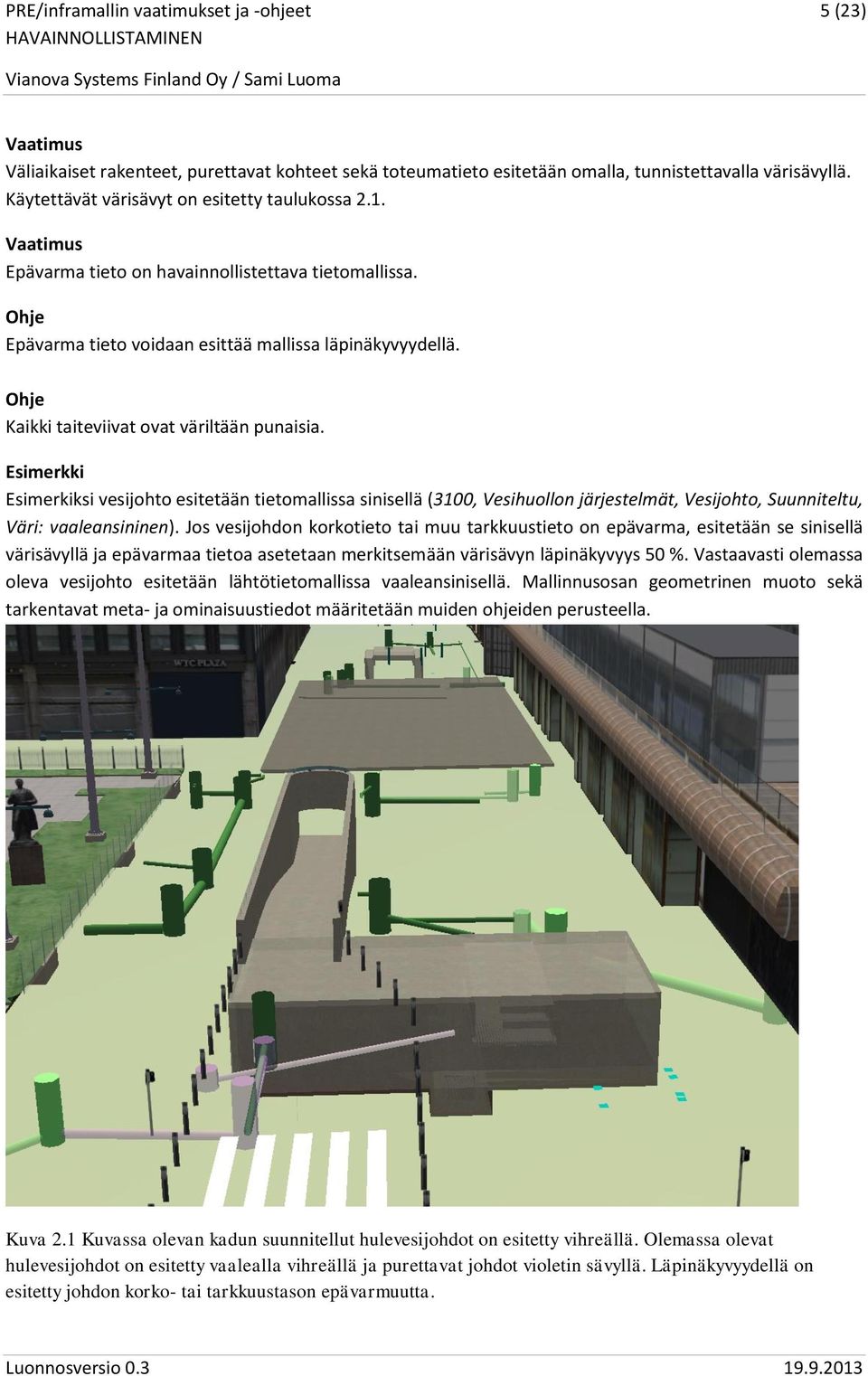 Esimerkki Esimerkiksi vesijohto esitetään tietomallissa sinisellä (3100, Vesihuollon järjestelmät, Vesijohto, Suunniteltu, Väri: vaaleansininen).