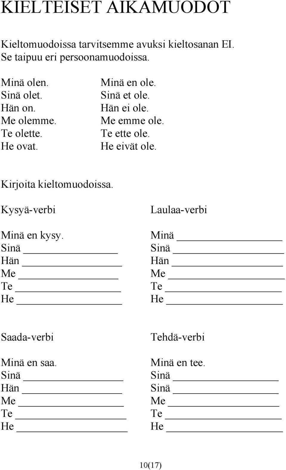 Minä en ole. Sinä et ole. Hän ei ole. Me emme ole. Te ette ole. He eivät ole.