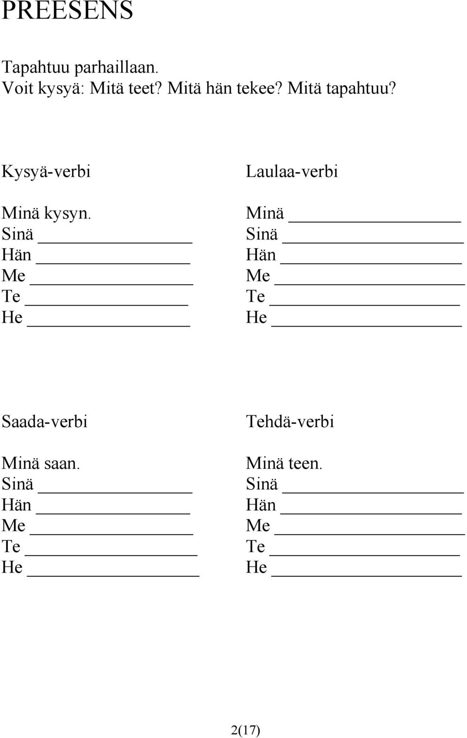 Mitä tapahtuu? Kysyä-verbi Minä kysyn.