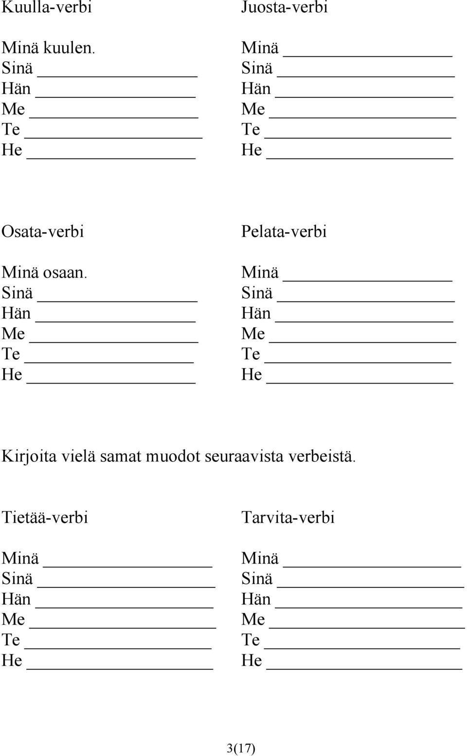 Me Te Pelata-verbi Kirjoita vielä