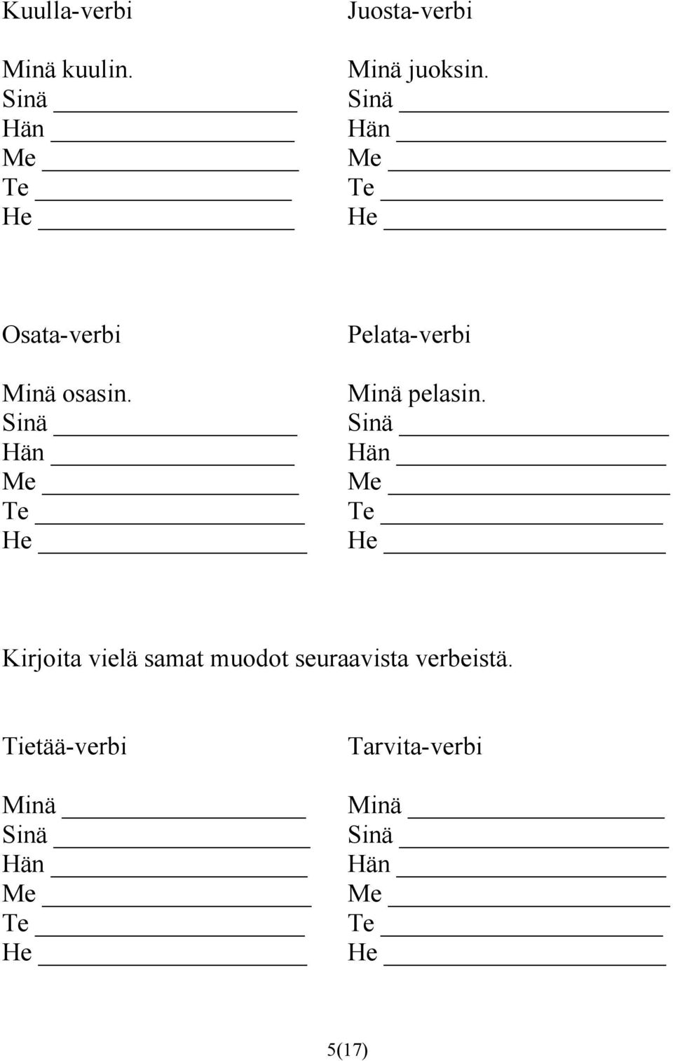 Pelata-verbi Minä pelasin.