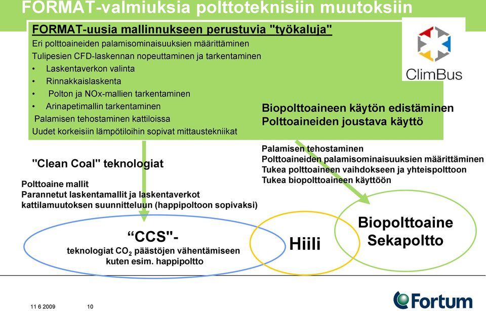 mittaustekniikat "Clean Coal" teknologiat Polttoaine mallit Parannetut laskentamallit ja laskentaverkot kattilamuutoksen suunnitteluun (happipoltoon sopivaksi) CCS"- teknologiat CO 2 päästöjen