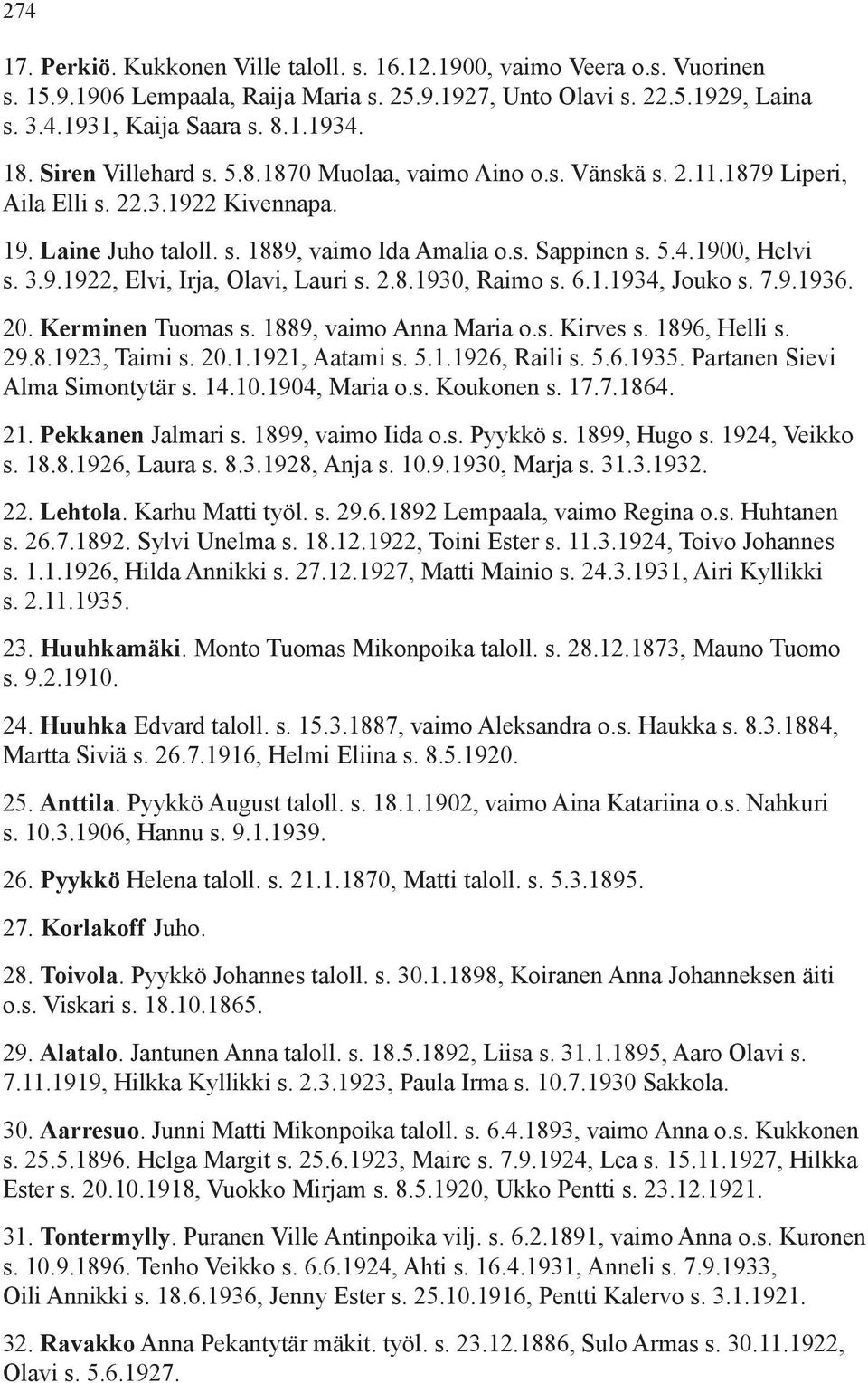 1900, Helvi s. 3.9.1922, Elvi, Irja, Olavi, Lauri s. 2.8.1930, Raimo s. 6.1.1934, Jouko s. 7.9.1936. 20. Kerminen Tuomas s. 1889, vaimo Anna Maria o.s. Kirves s. 1896, Helli s. 29.8.1923, Taimi s. 20.1.1921, Aatami s.