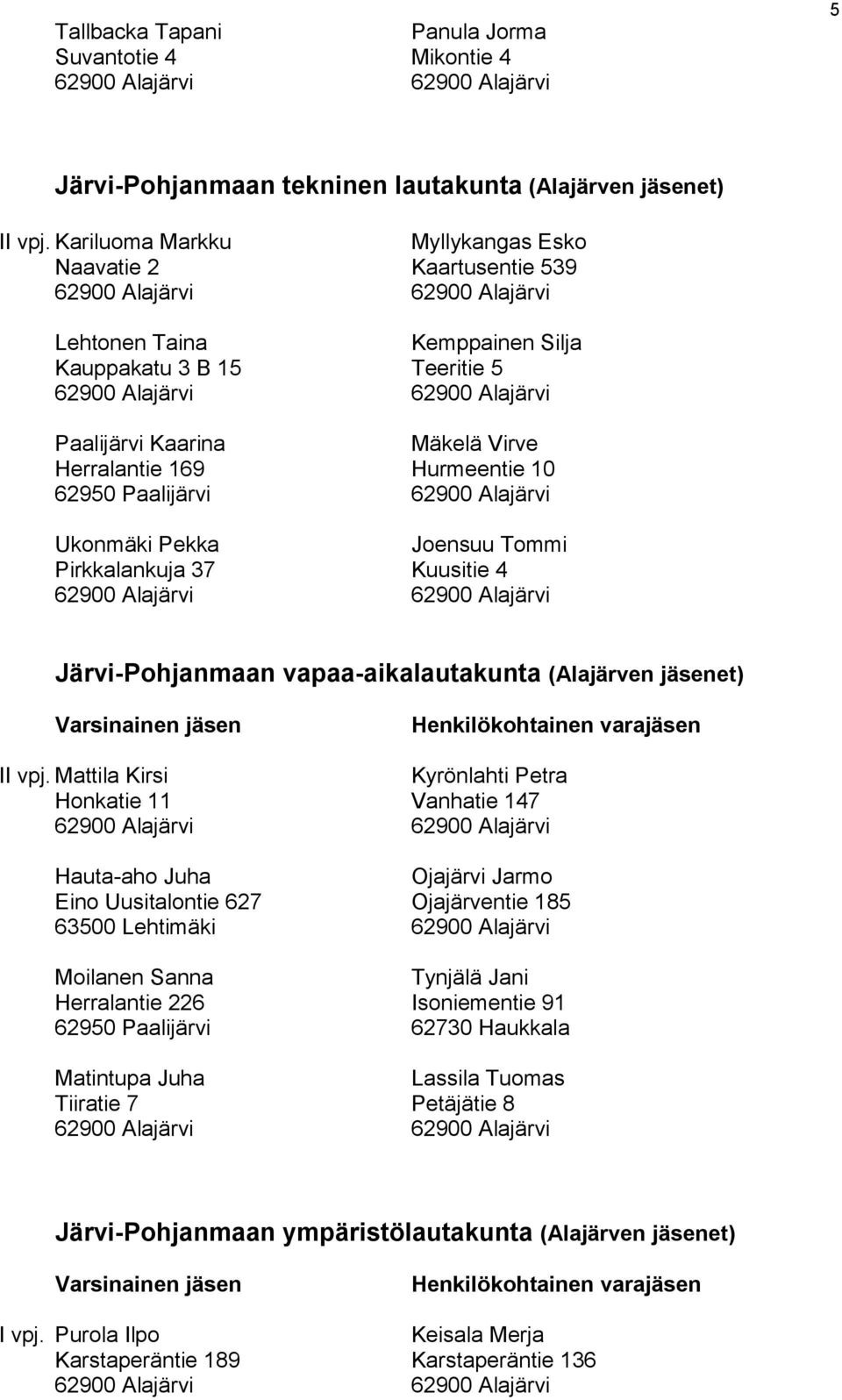 Paalijärvi 62900 Alajärvi Ukonmäki Pekka Joensuu Tommi Pirkkalankuja 37 Kuusitie 4 Järvi-Pohjanmaan vapaa-aikalautakunta (Alajärven jäsenet) II vpj.