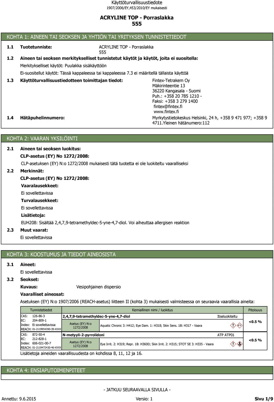 kappaleessa 7.3 ei määritellä tällaista käyttöä Käyttöturvallisuustiedotteen toimittajan tiedot: Hätäpuhelinnumero: Fintex-Tetrakem Oy Mäkirinteentie 13 36220 Kangasala - Suomi Puh.