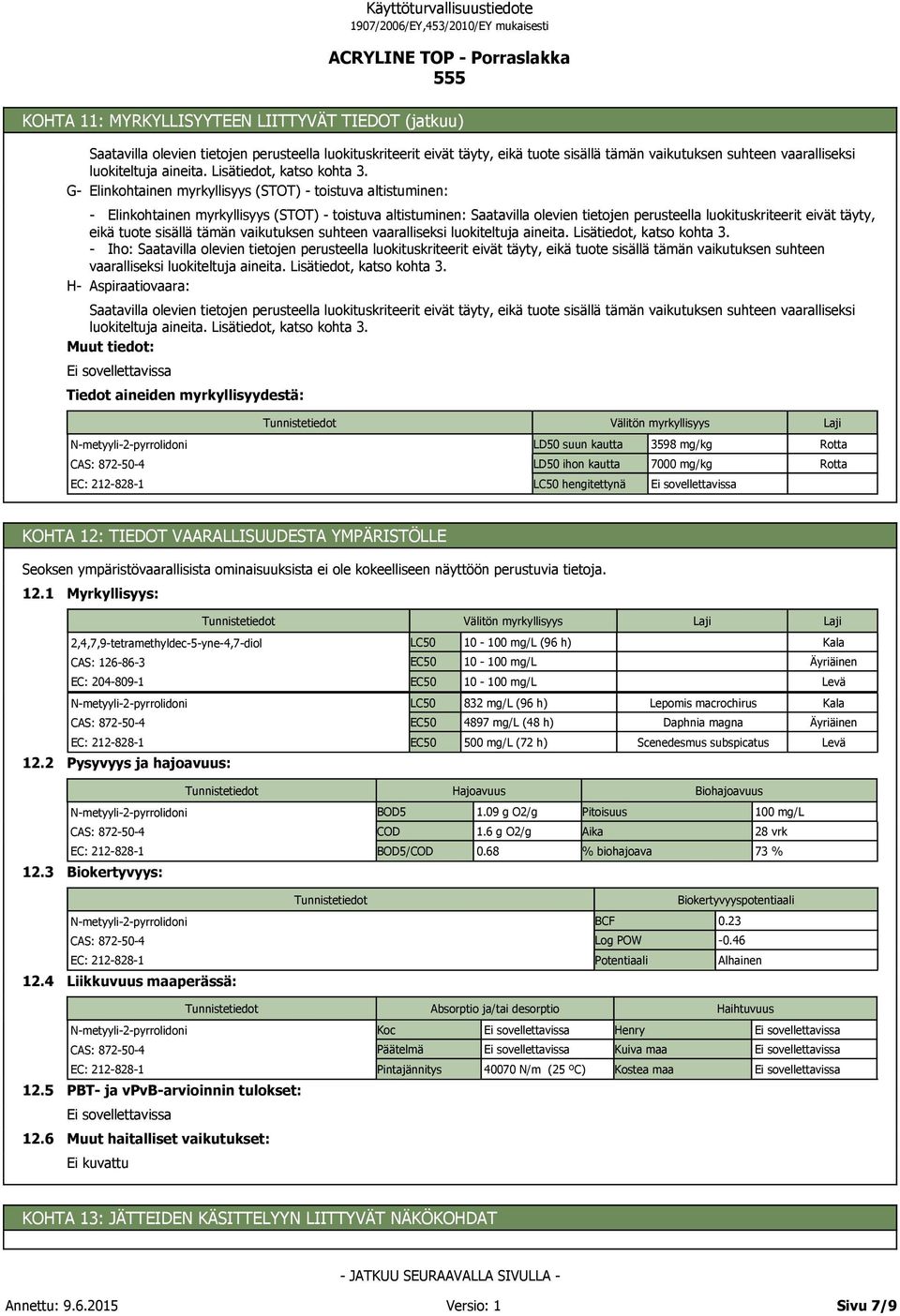 G- Elinkohtainen myrkyllisyys (STOT) - toistuva altistuminen: - Elinkohtainen myrkyllisyys (STOT) - toistuva altistuminen: Saatavilla olevien tietojen perusteella luokituskriteerit eivät täyty, eikä