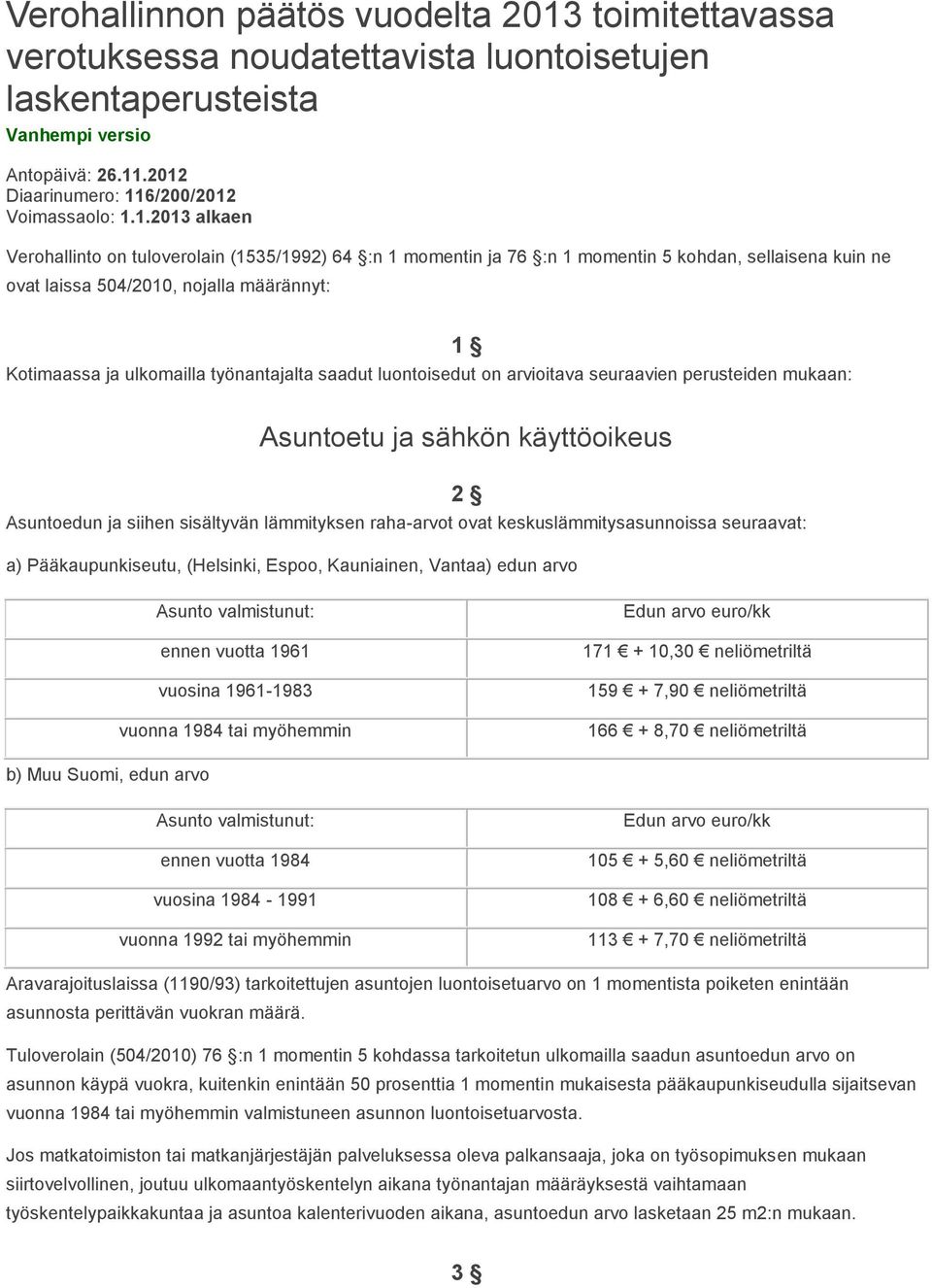 .2012 Diaarinumero: 116/200/2012 Voimassaolo: 1.1.2013 alkaen Verohallinto on tuloverolain (1535/1992) 64 :n 1 momentin ja 76 :n 1 momentin 5 kohdan, sellaisena kuin ne ovat laissa 504/2010, nojalla