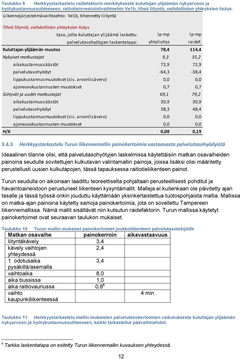 3 Herkkyystarkastelu Turun liikennemallin painokertoimia vastaavasta palvelutasohyödyistä Ideaalinen tilanne olisi, että palvelutasohyötyjen laskelmissa käytettäisiin matkan osavaiheiden painoina