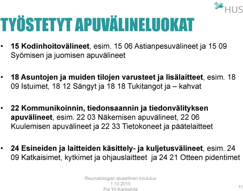 18 09 Istuimet, 18 12 Sängyt ja 18 18 Tukitangot ja kahvat 22 Kommunikoinnin, tiedonsaannin ja tiedonvälityksen apuvälineet, esim.