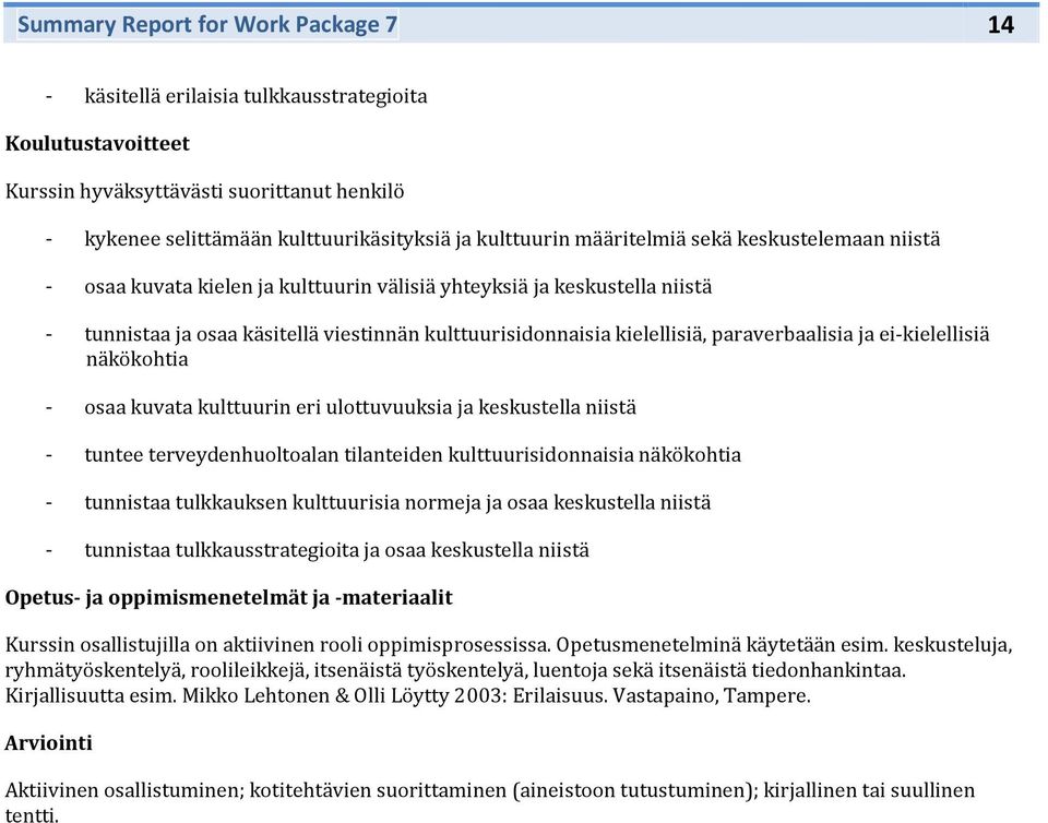 paraverbaalisia ja ei-kielellisiä näkökhtia - saa kuvata kulttuurin eri ulttuvuuksia ja keskustella niistä - tuntee terveydenhultalan tilanteiden kulttuurisidnnaisia näkökhtia - tunnistaa tulkkauksen
