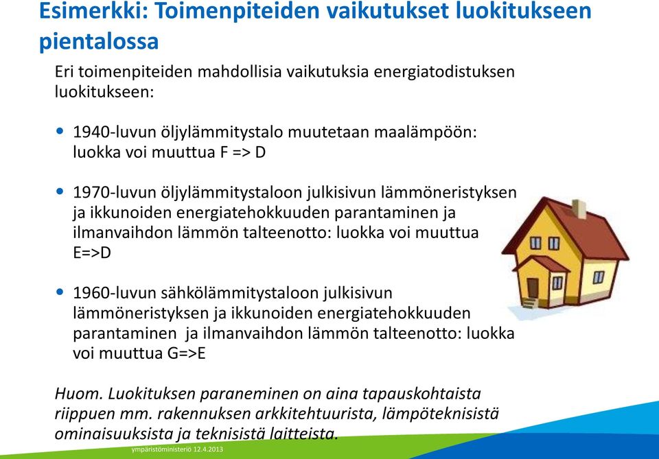 talteenotto: luokka voi muuttua E=>D 1960-luvun sähkölämmitystaloon julkisivun lämmöneristyksen ja ikkunoiden energiatehokkuuden parantaminen ja ilmanvaihdon lämmön