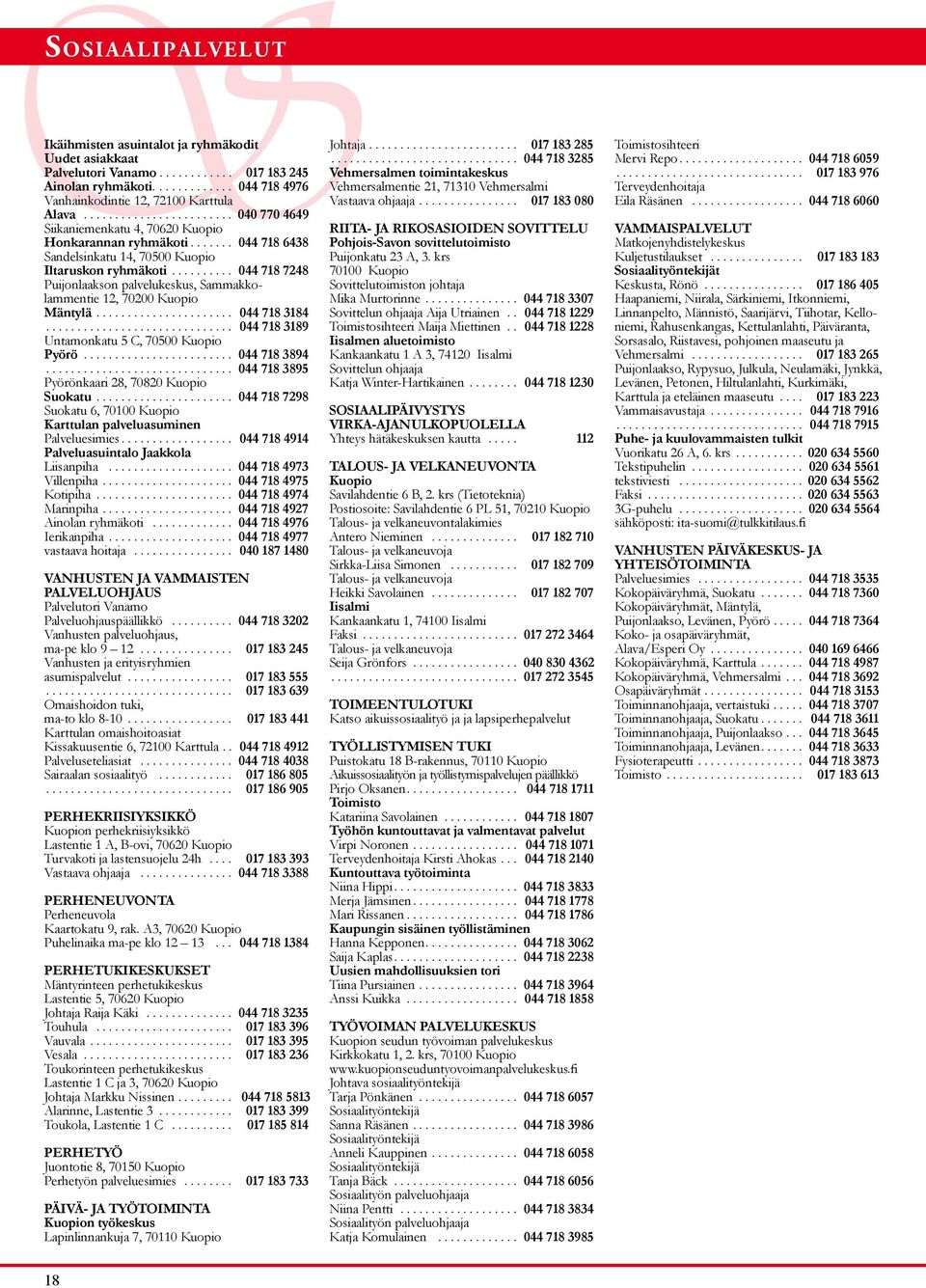 ......... 044 718 7248 Puijonlaakson palvelukeskus, Sammakkolammentie 12, 70200 Kuopio Mäntylä...................... 044 718 3184.............................. 044 718 3189 Untamonkatu 5 C, 70500 Kuopio Pyörö.
