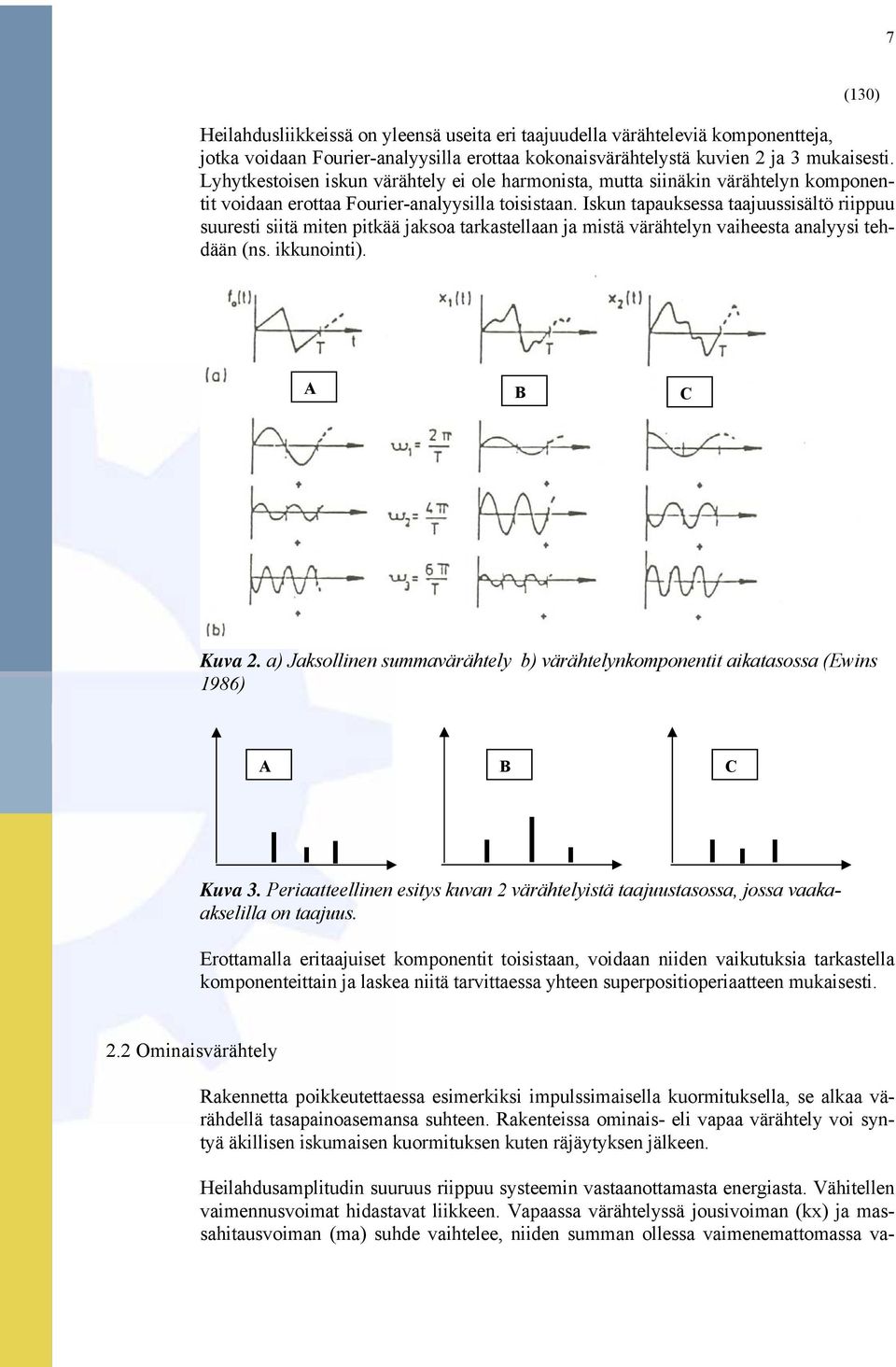 Iskun tapauksessa taajuussisältö riippuu suuresti siitä miten pitkää jaksoa tarkastellaan ja mistä värähtelyn vaiheesta analyysi tehdään (ns. ikkunointi). A B C Kuva 2.