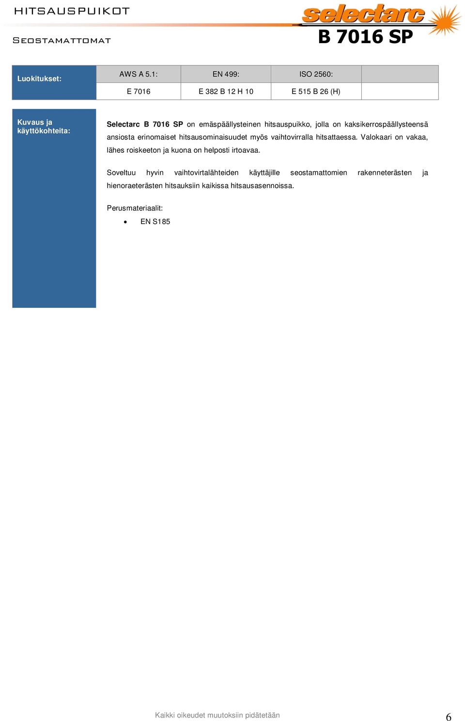 rakenneterästen ja hienoraeterästen hitsauksiin kaikissa hitsausasennoissa Perusmateriaalit: EN S185 S355 EN P235 P355 EN GP240R EN P235GH P265GH EN L210 L360 Laivanrakennusteräkset A, B, C ja D C Mn