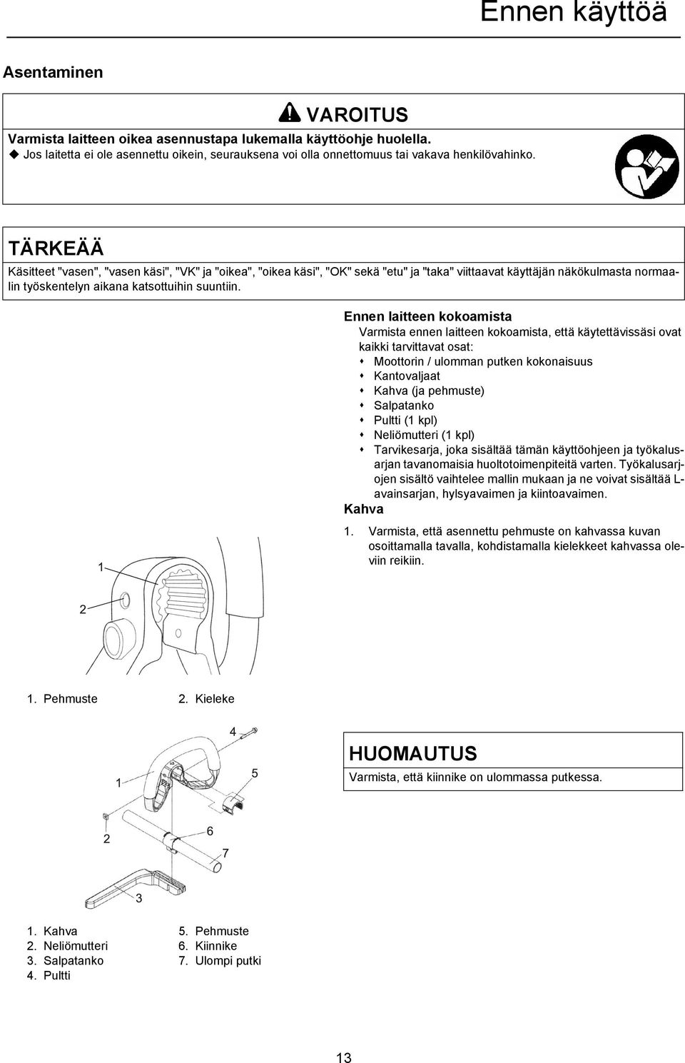 TÄRKEÄÄ Käsitteet "vasen", "vasen käsi", "VK" ja "oikea", "oikea käsi", "OK" sekä "etu" ja "taka" viittaavat käyttäjän näkökulmasta normaalin työskentelyn aikana katsottuihin suuntiin.