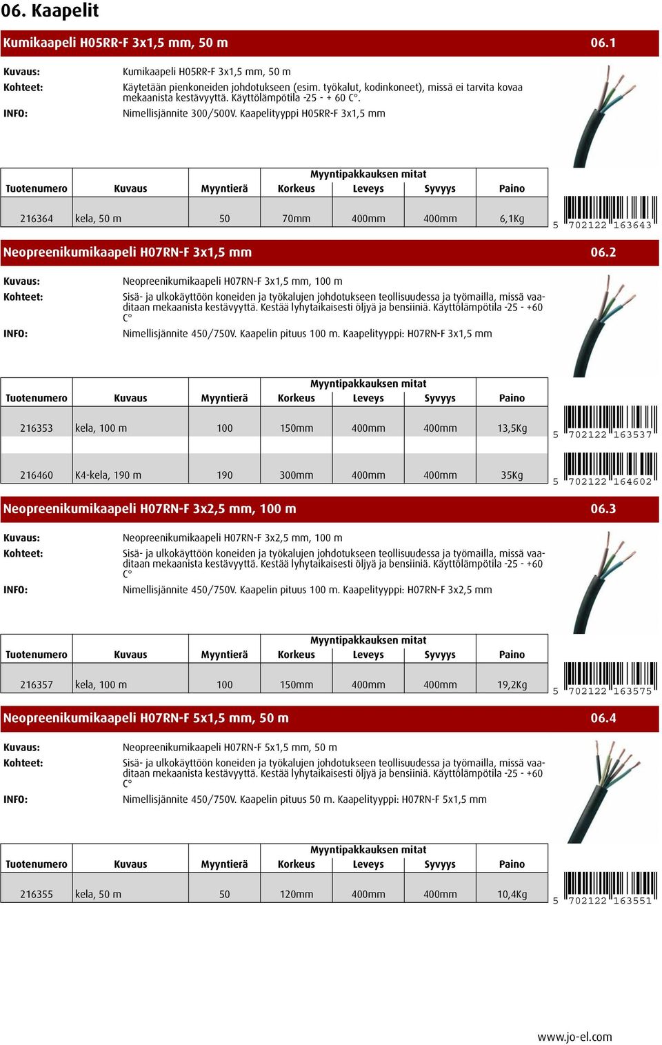 Kaapelityyppi H05RR-F 3x1,5 mm 216364 kela, 50 m 50 70mm 400mm 400mm 6,1Kg 5 702122 163643 Neopreenikumikaapeli H07RN-F 3x1,5 mm 06.