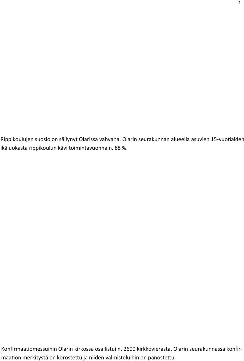 toimintavuonna n. 88 %. Konfirmaatiomessuihin Olarin kirkossa osallistui n.