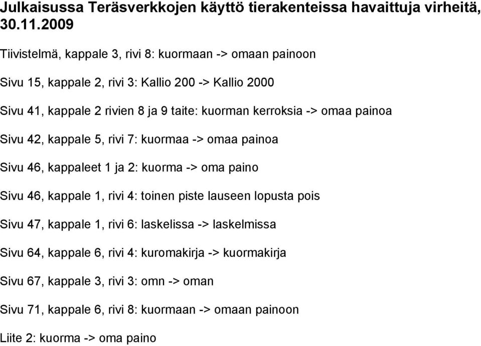 kerroksia -> omaa painoa Sivu 42, kappale 5, rivi 7: kuormaa -> omaa painoa Sivu 46, kappaleet 1 ja 2: kuorma -> oma paino Sivu 46, kappale 1, rivi 4: toinen piste