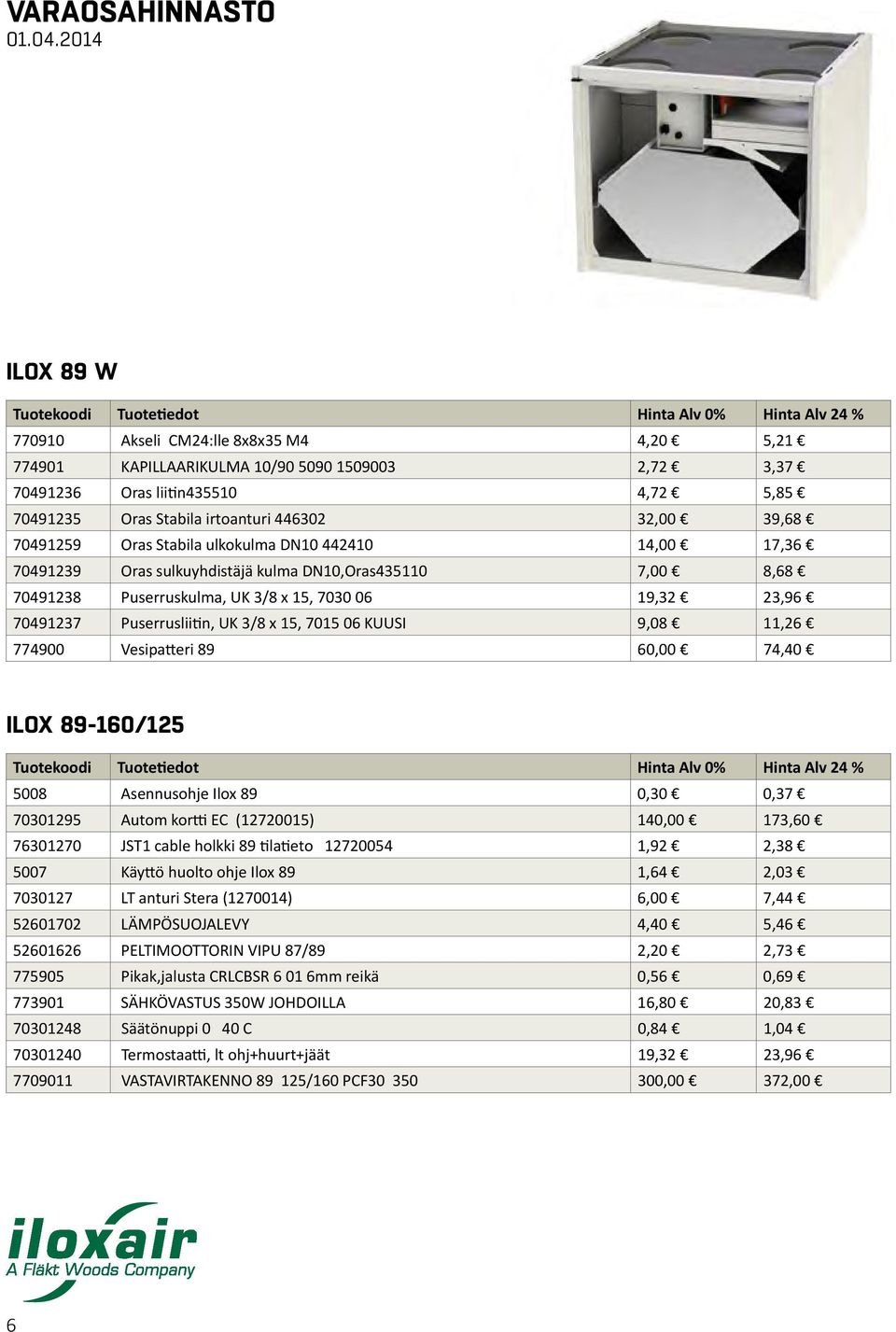 UK 3/8 x 15, 7015 06 KUUSI 9,08 11,26 774900 Vesipatteri 89 60,00 74,40 ILOX 89-160/125 5008 Asennusohje Ilox 89 0,30 0,37 70301295 Autom kortti EC (12720015) 140,00 173,60 76301270 JST1 cable holkki