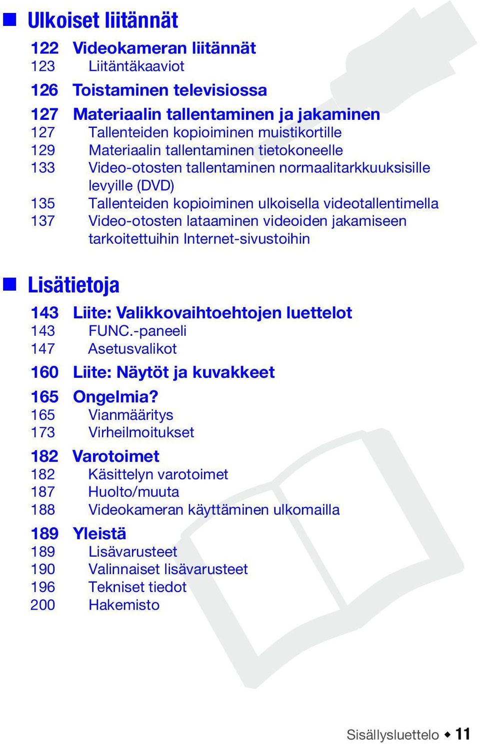 jakamiseen tarkoitettuihin Internet-sivustoihin Lisätietoja 143 Liite: Valikkovaihtoehtojen luettelot 143 FUNC.-paneeli 147 Asetusvalikot 160 Liite: Näytöt ja kuvakkeet 165 Ongelmia?