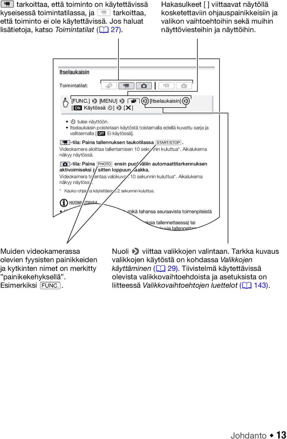 ] 8 [MENU] 8 8 8 [Itselaukaisin] 8 [A Käytössä n] 8 [a] n tulee näyttöön. Itselaukaisin poistetaan käytöstä toistamalla edellä kuvattu sarja ja valitsemalla [B Ei käytössä].