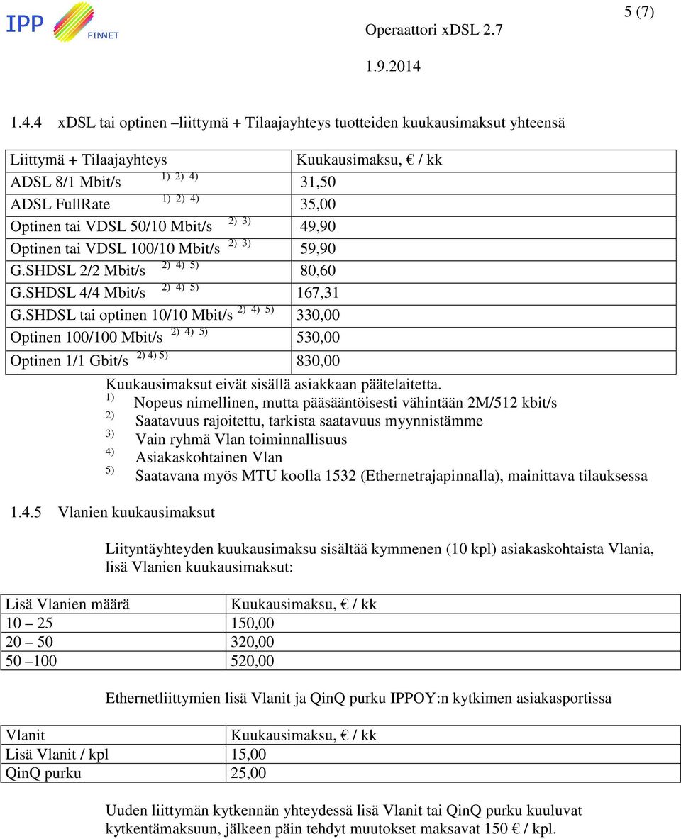 Optinen tai VDSL 100/10 Mbit/s 3) 59,90 G.SHDSL 2/2 Mbit/s 4) 5) 80,60 G.SHDSL 4/4 Mbit/s 4) 5) 167,31 G.