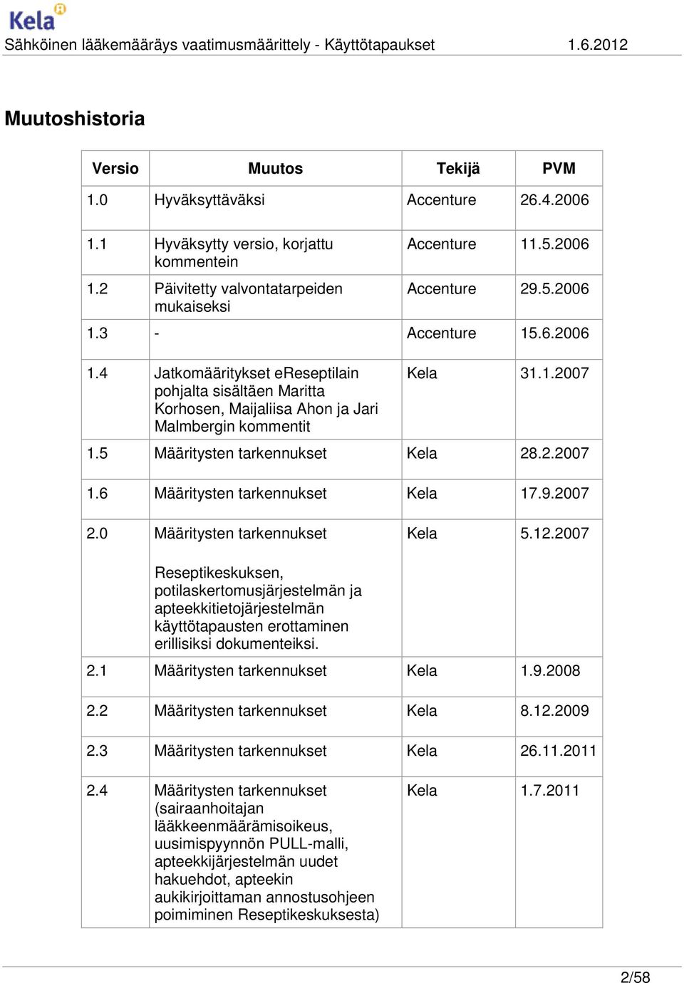 5 Määritysten tarkennukset Kela 28.2.2007 1.6 Määritysten tarkennukset Kela 17.9.2007 2.0 Määritysten tarkennukset Kela 5.12.