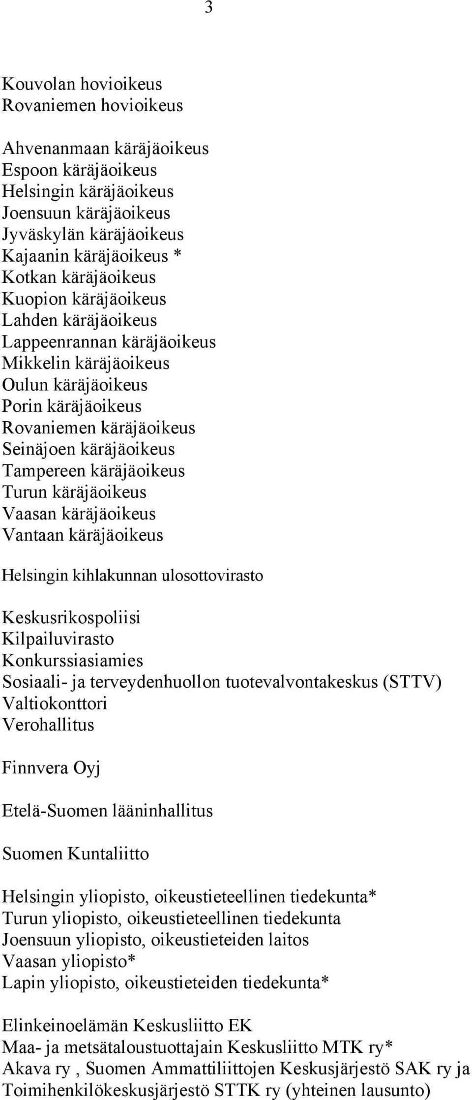 käräjäoikeus Turun käräjäoikeus Vaasan käräjäoikeus Vantaan käräjäoikeus Helsingin kihlakunnan ulosottovirasto Keskusrikospoliisi Kilpailuvirasto Konkurssiasiamies Sosiaali- ja terveydenhuollon