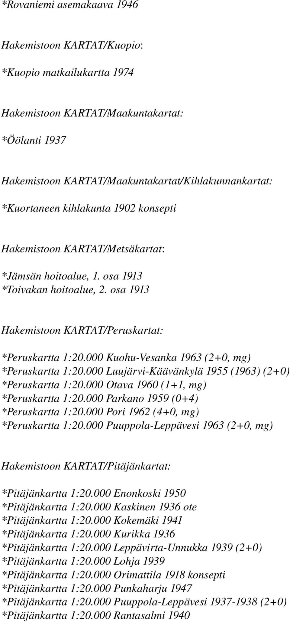 000 Kuohu Vesanka 1963 (2+0, mg) *Peruskartta 1:20.000 Luujärvi Käävänkylä 1955 (1963) (2+0) *Peruskartta 1:20.000 Otava 1960 (1+1, mg) *Peruskartta 1:20.000 Parkano 1959 (0+4) *Peruskartta 1:20.