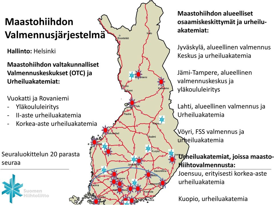 urheiluakatemiat: Jyväskylä, alueellinen valmennus Keskus ja urheiluakatemia Jämi-Tampere, alueellinen valmennuskeskus ja yläkoululeiritys Lahti, alueellinen