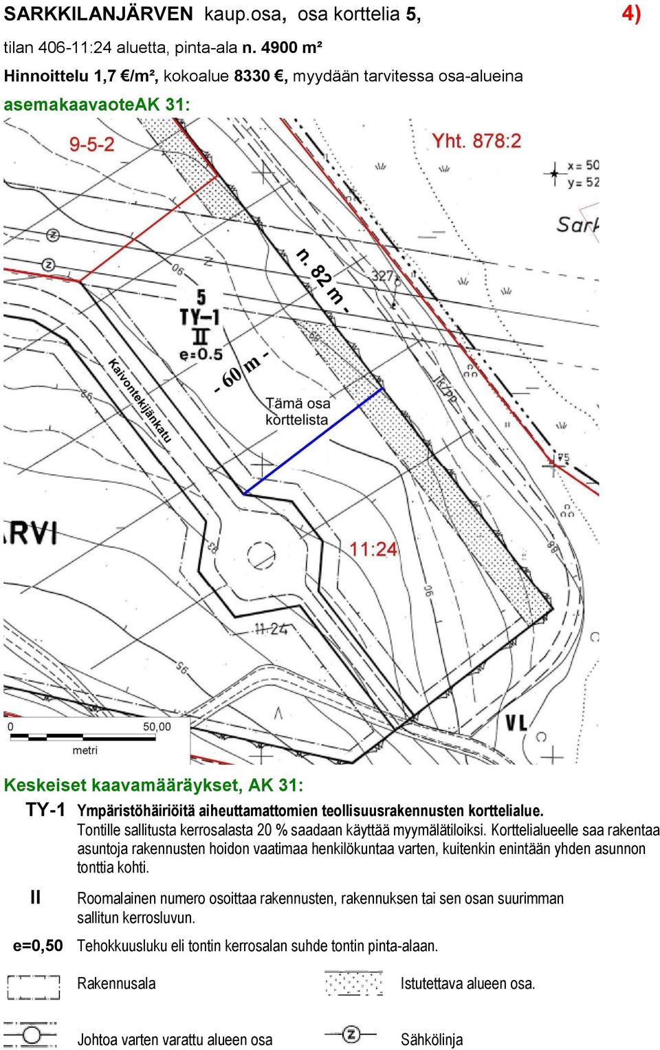 teollisuusrakennusten korttelialue. Tontille sallitusta kerrosalasta 20 % saadaan käyttää myymälätiloiksi.