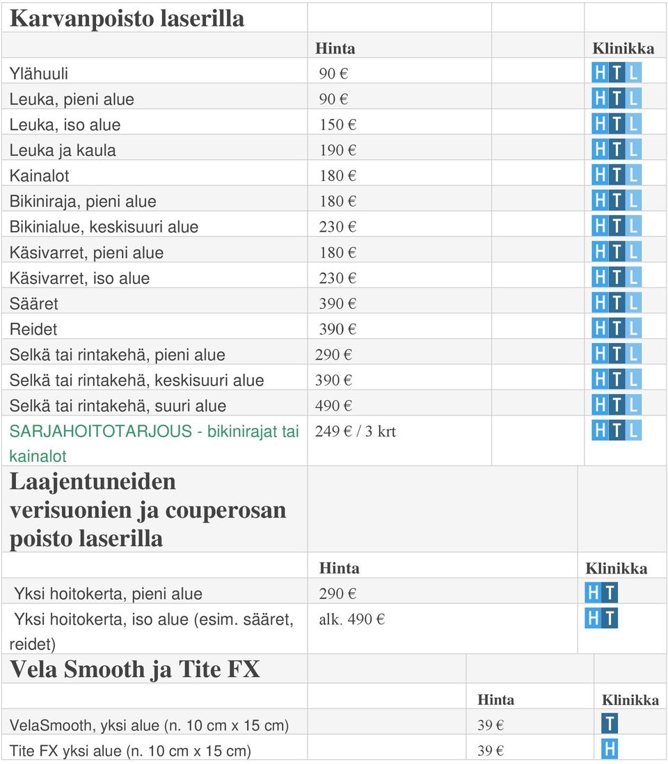 rintakehä, suuri alue 490 SARJAHOITOTARJOUS - bikinirajat tai kainalot Laajentuneiden verisuonien ja couperosan poisto laserilla 249 / 3 krt Yksi hoitokerta, pieni