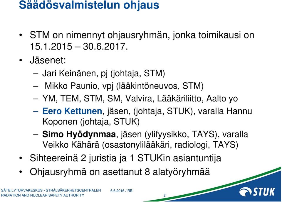 Aalto yo Eero Kettunen, jäsen, (johtaja, STUK), varalla Hannu Koponen (johtaja, STUK) Simo Hyödynmaa, jäsen (ylifyysikko,